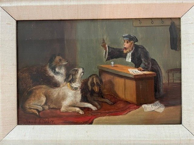 Early Oil Painting Pair, Monkey & Dogs – Animal Antics, Signed
