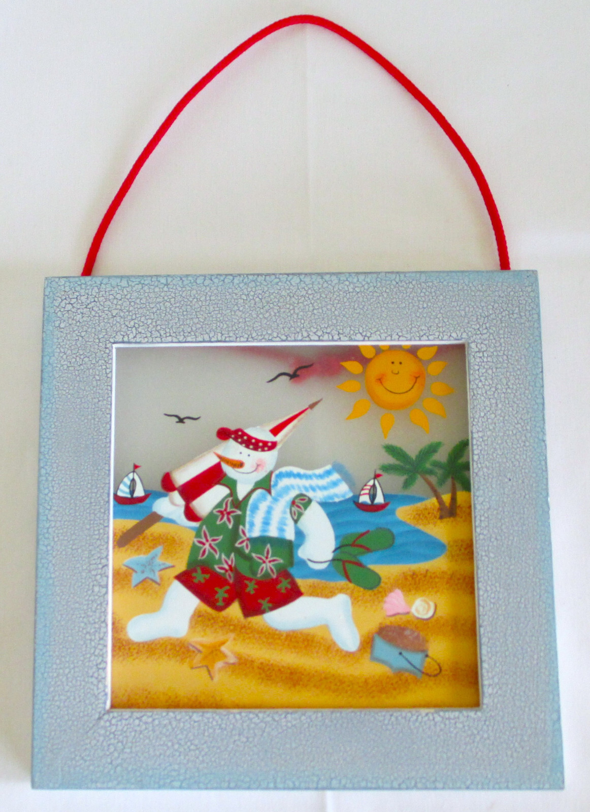 Reverse Glass Painting of Snowman on the Beach Adorable