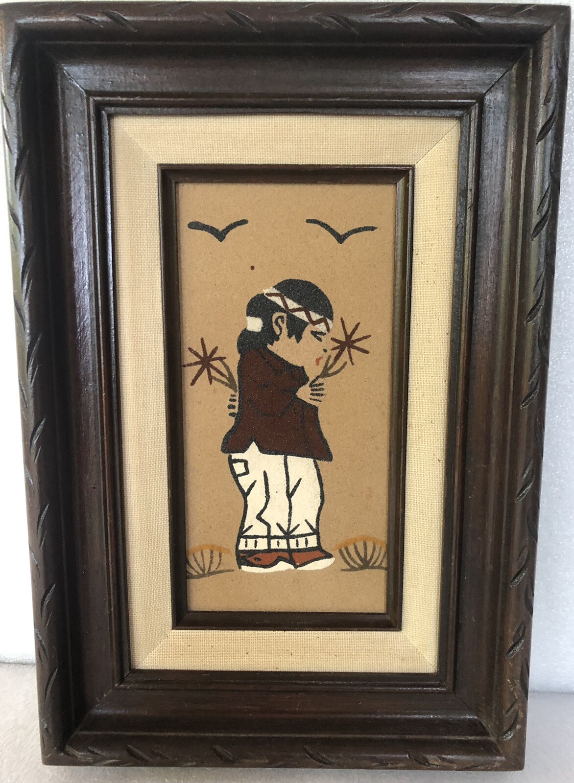 Vtg Navajo Boy Sand Painting Carved Wood Frame 13″ x 9″ Artist Signed