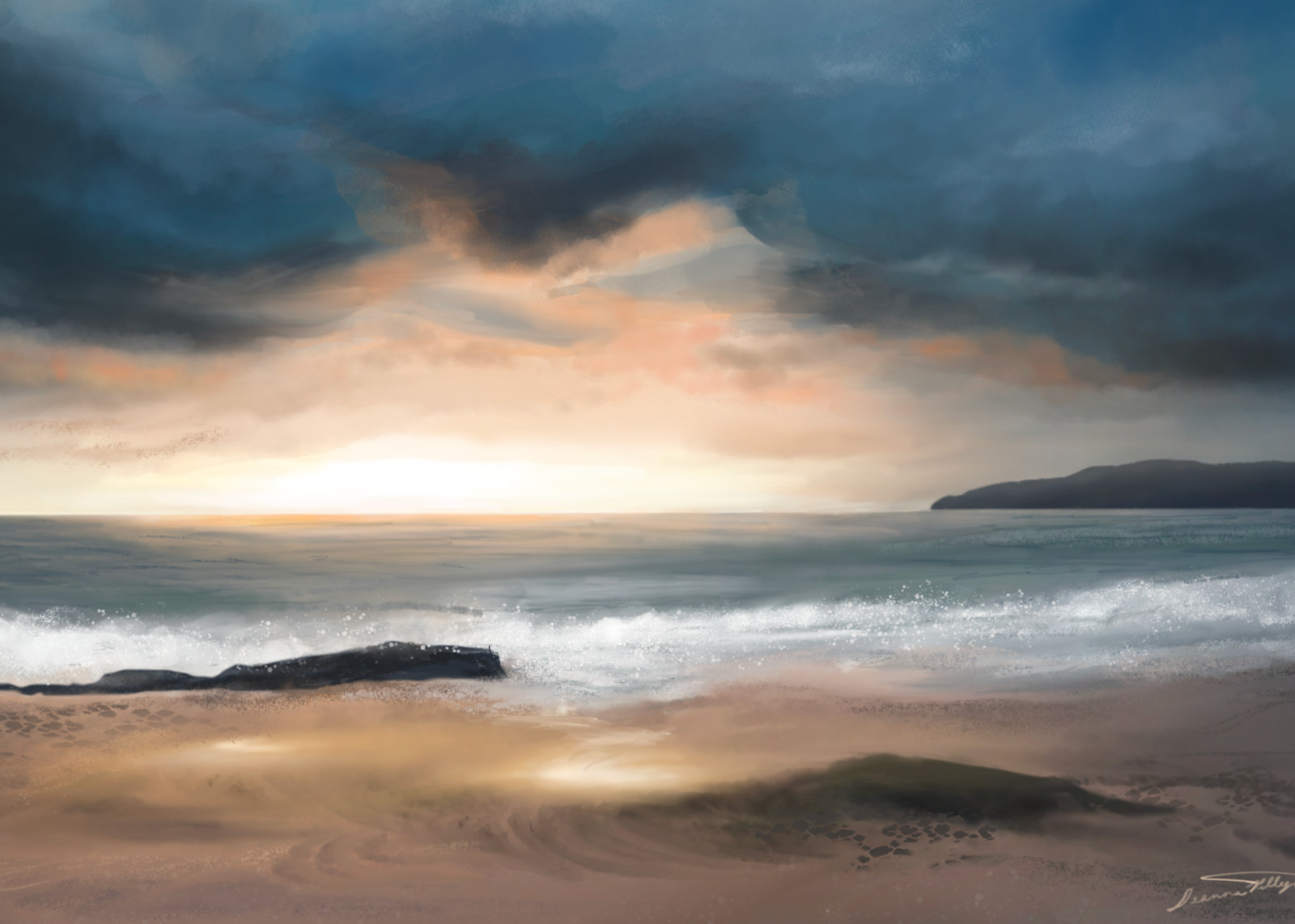 20×14 Inch Wall Poster – Stormy Cloudy Ocean Coast Landscape Sunset Oil Painting