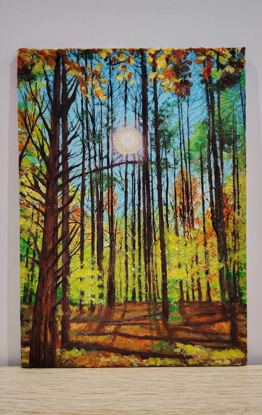 ORIGINAL Forest Landscape Sunrise Impressionism Acrylic Canvas Panel 5×7 Inches