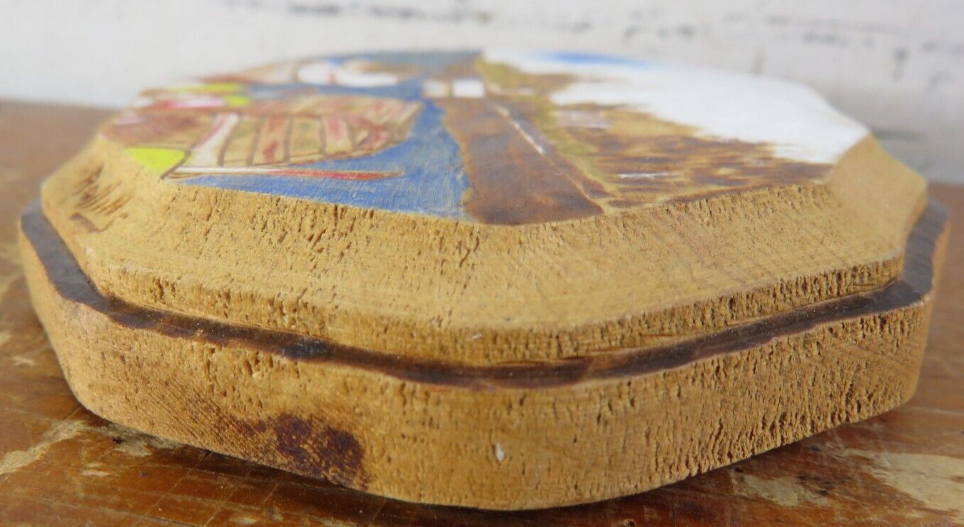 vtg Original Wood Burning painting Cargo Boats – 7.5″x5″x.75″ Leonard Rollins