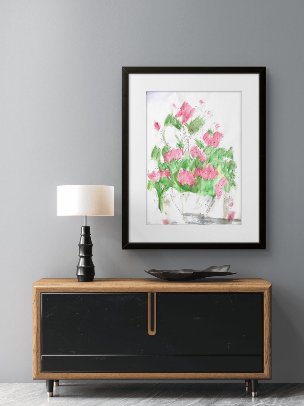 Original Expressionism Pink Flowers in Vase Doodle Modern Art 18 by 24 on Paper