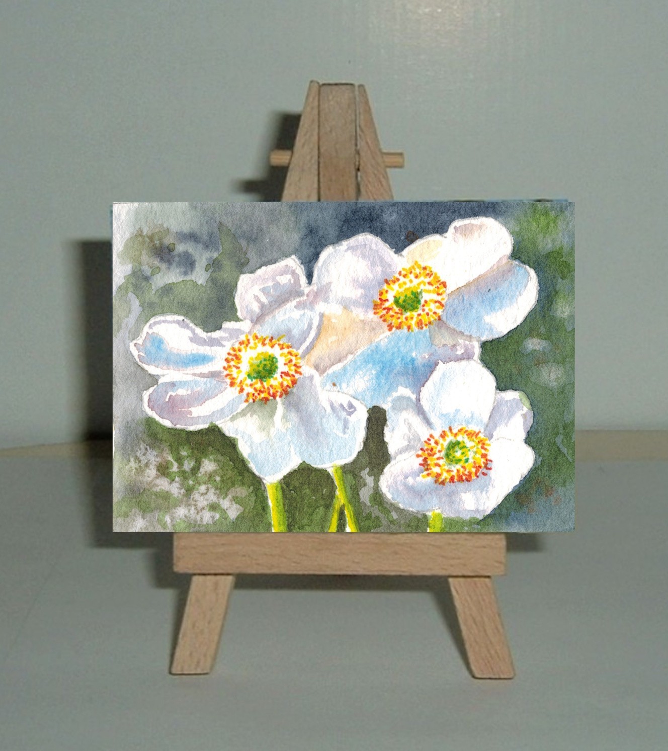 ACEO original; floral; «Daffy Crowns»; daffodil blossoms in sunlight; 2.5×3.5″