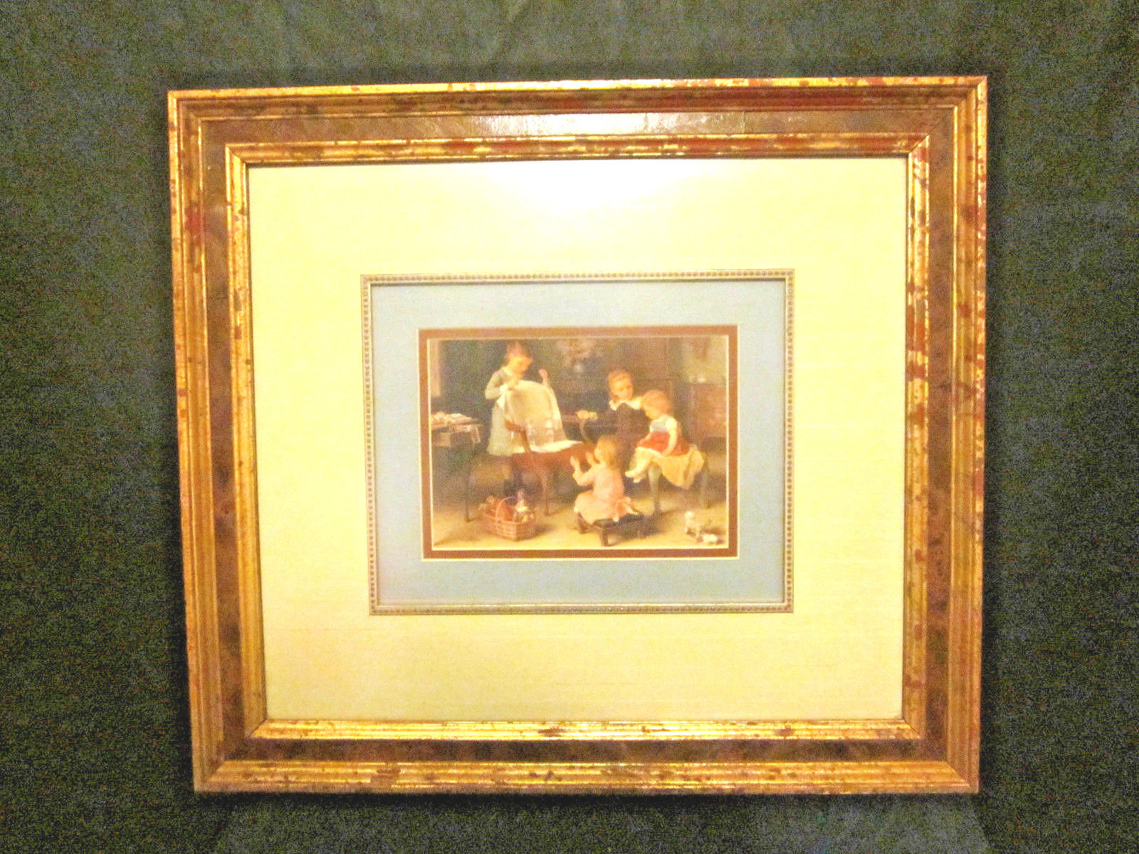 Vintage Oil Print Children at Play Framed & Triple Matted 16″x 18″ Gold Red