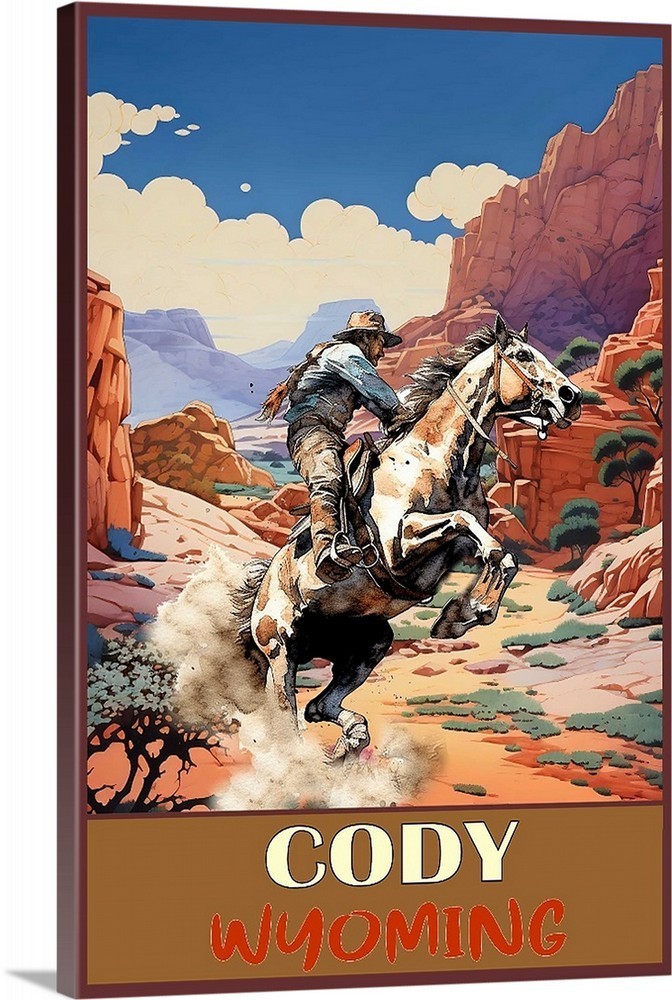 Cody Wyoming Bucking Horse Travel Art Print, Framed or Canvas Wild Mustang