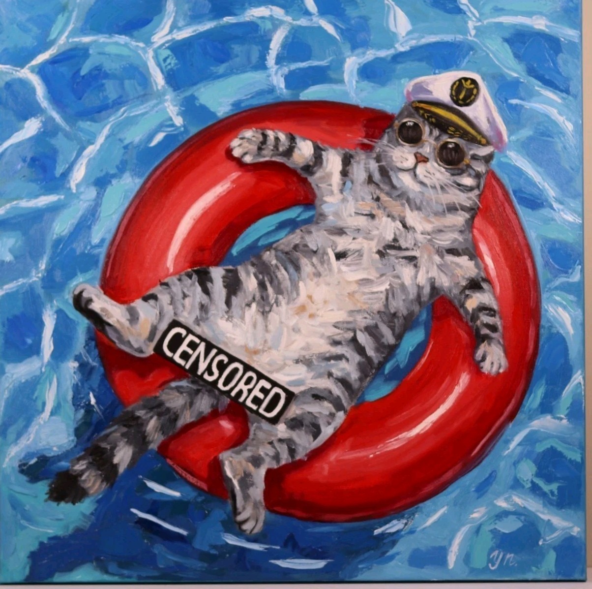 Nautical Original oil Tabby Cat Captain in Pool Float – Funny Pet Wall Art 20×20