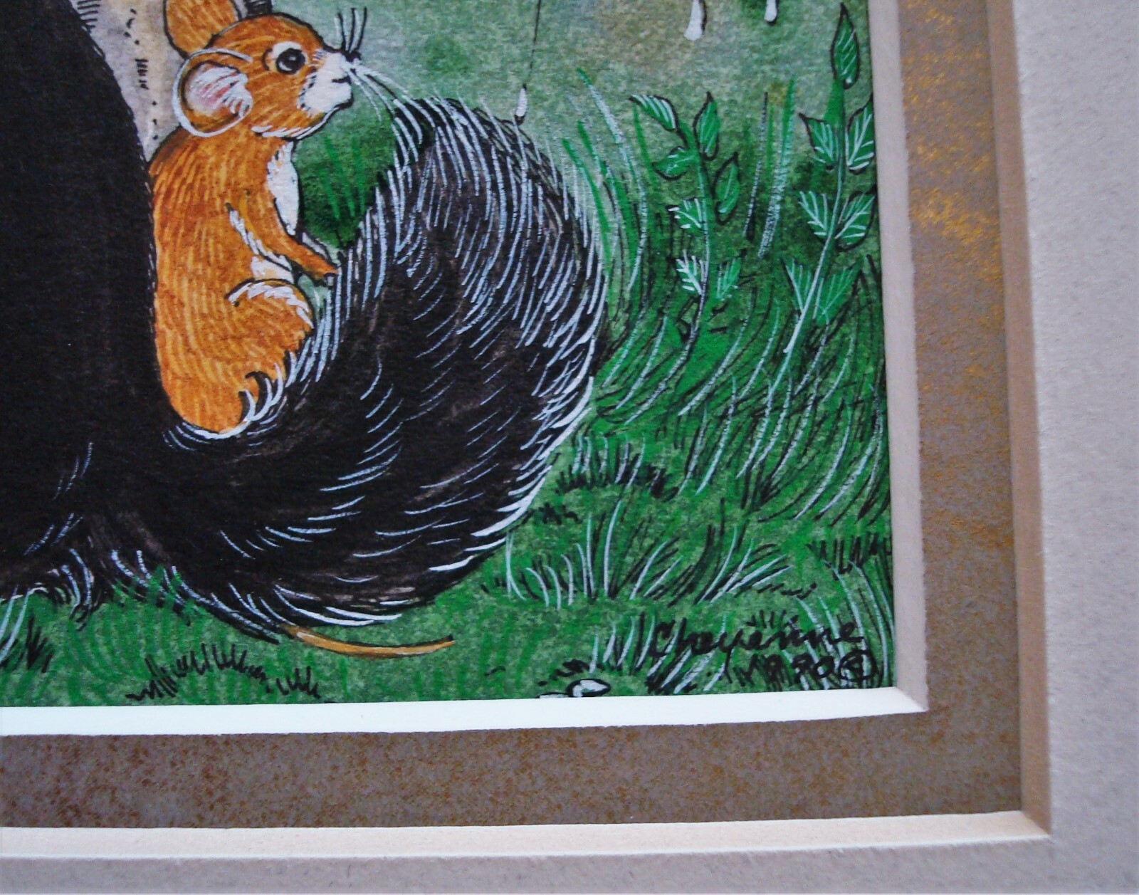 Signed CHEYENNE – Cat & Mouse, Giant Mushroom Watercolor/Gouache/Ink Painting