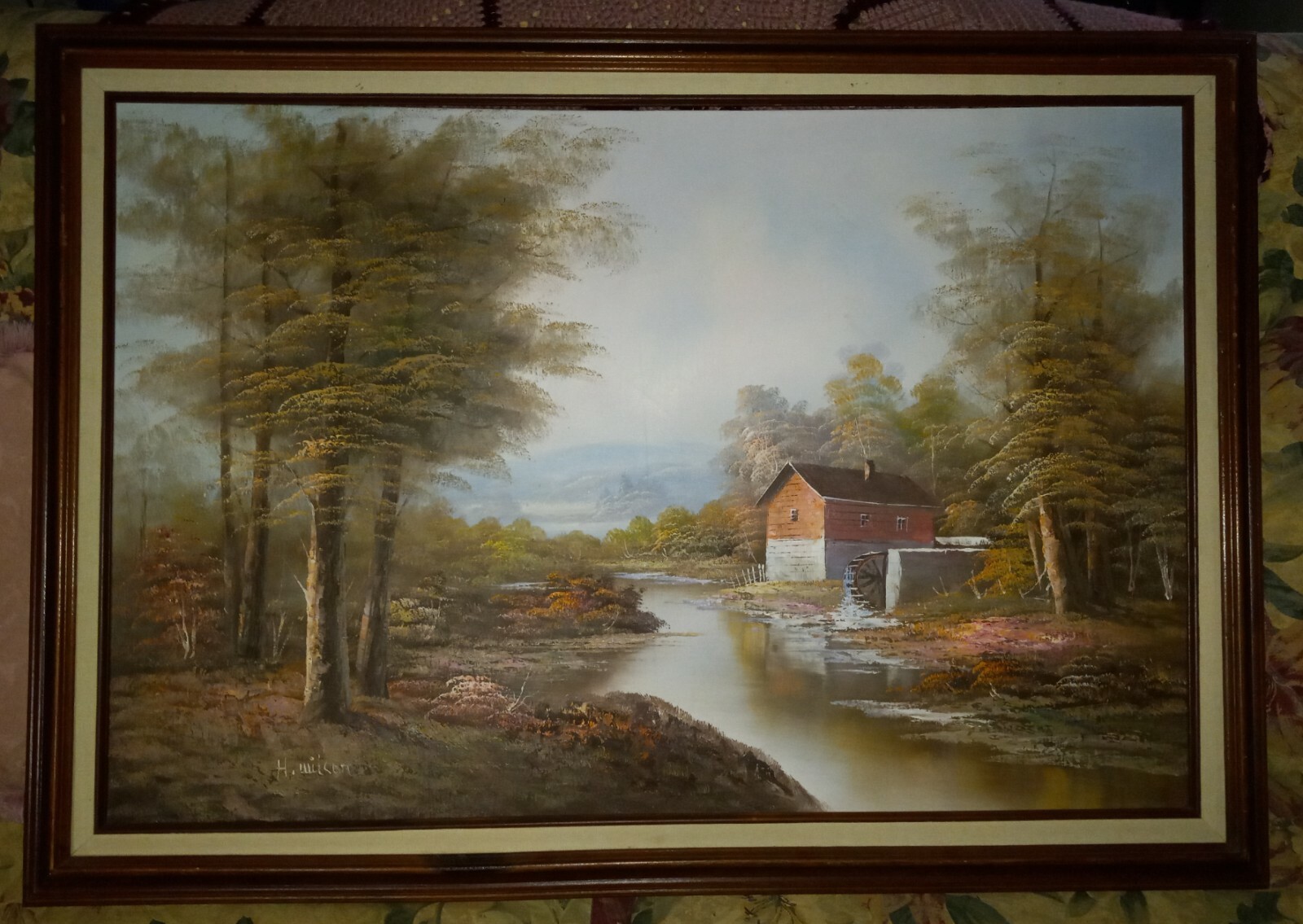 H WILSON OIL ON CANVAS PAINTING SIGNED FRAMED 24×36 MILL ON RIVER LISTED ARTIST