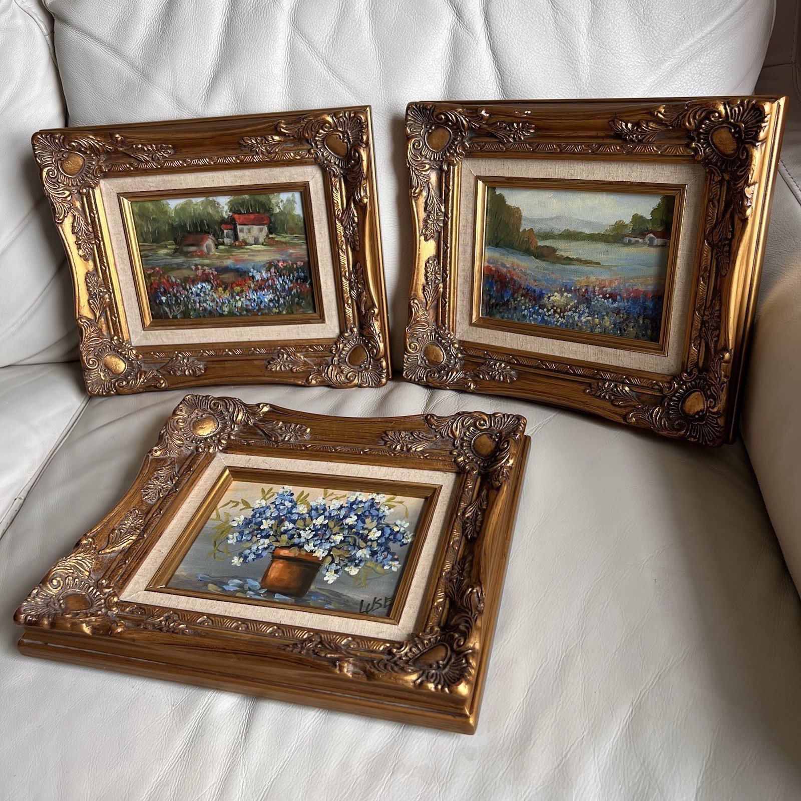 Original Impressionist Oil Painting Ornate Gold Antique Frame Set of 3