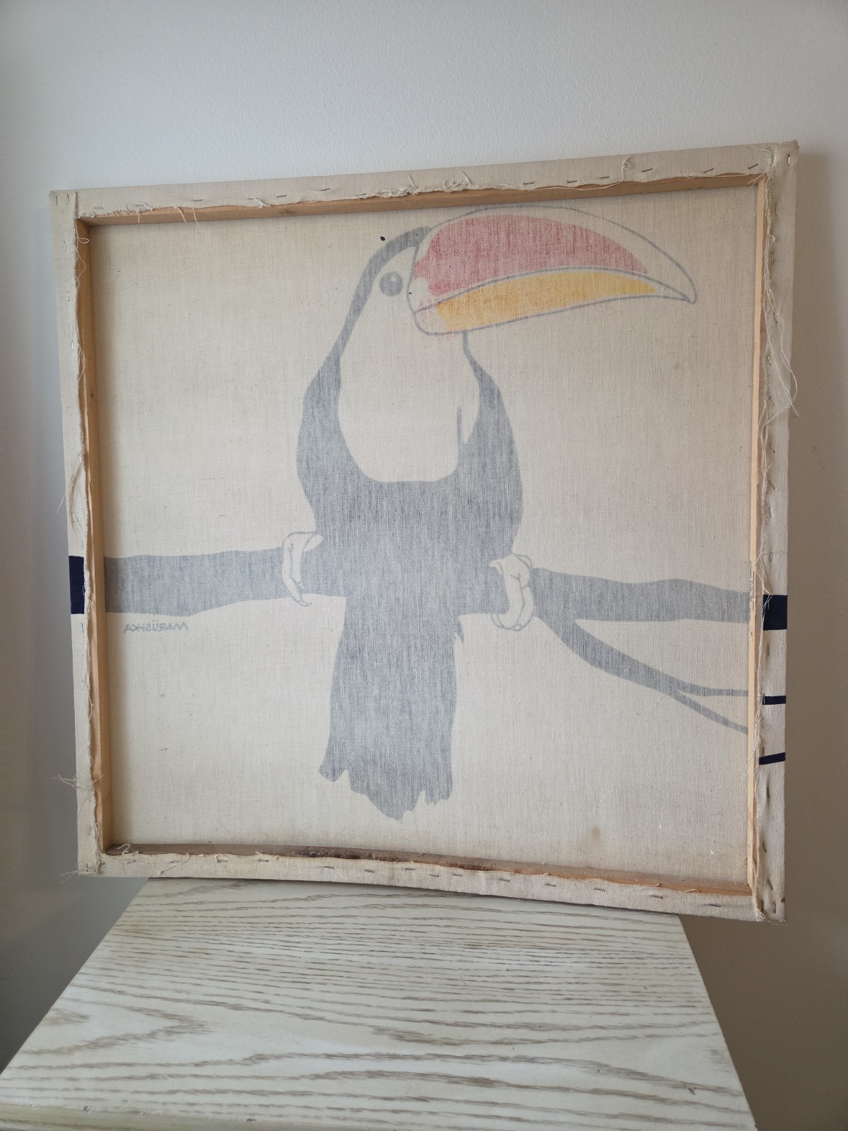 Vintage Marushka Canvas Screen Print Toucan On Branch 26 X 26 1970s Signed