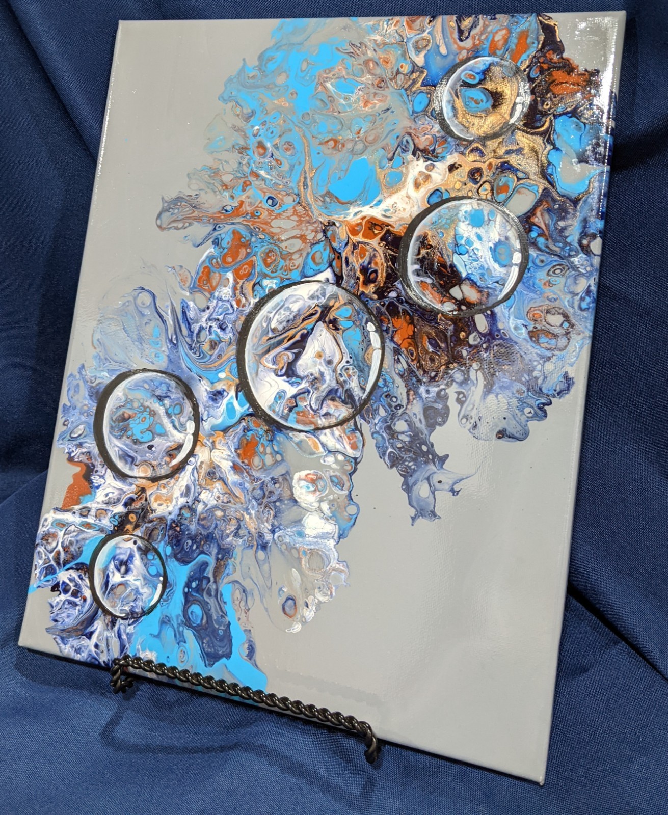 Bubbles on Turquoise and Grey acrylic pour, gold highlights 11″ h x 14″w x .5″d