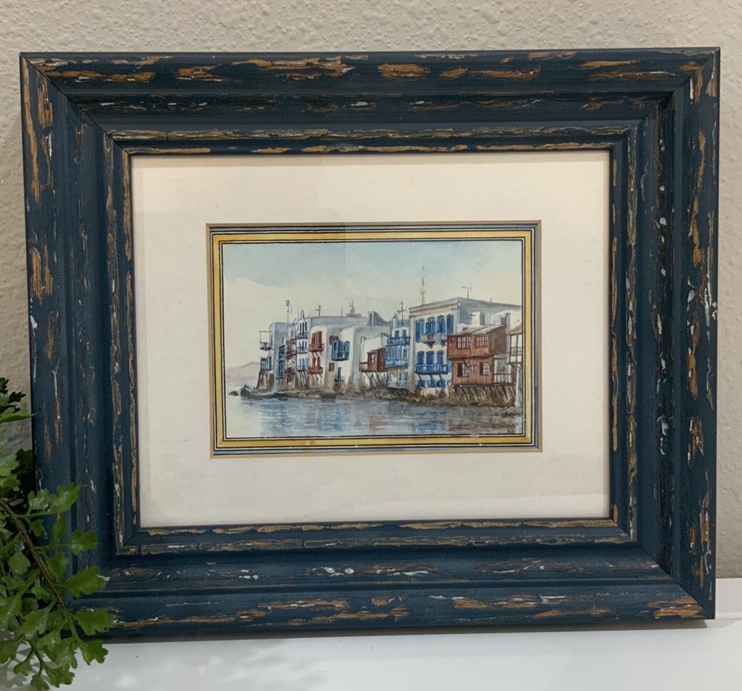 Vtg 1990 Little Venice Mykonos Greece Seaside Watercolor Painting Blue Frame Mat