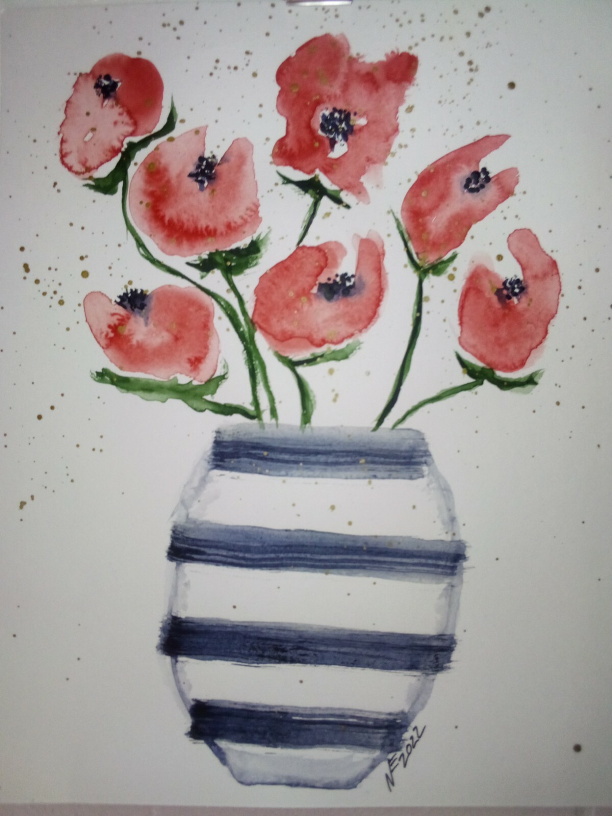 8×10 watercolor original painting botanical flower tulip floral poppy rose vase