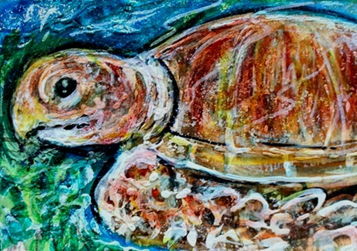 ORIGINAL ACEO Painting SEA TURTLE Ocean Swim Tropical Marine Life Reef ATC ART
