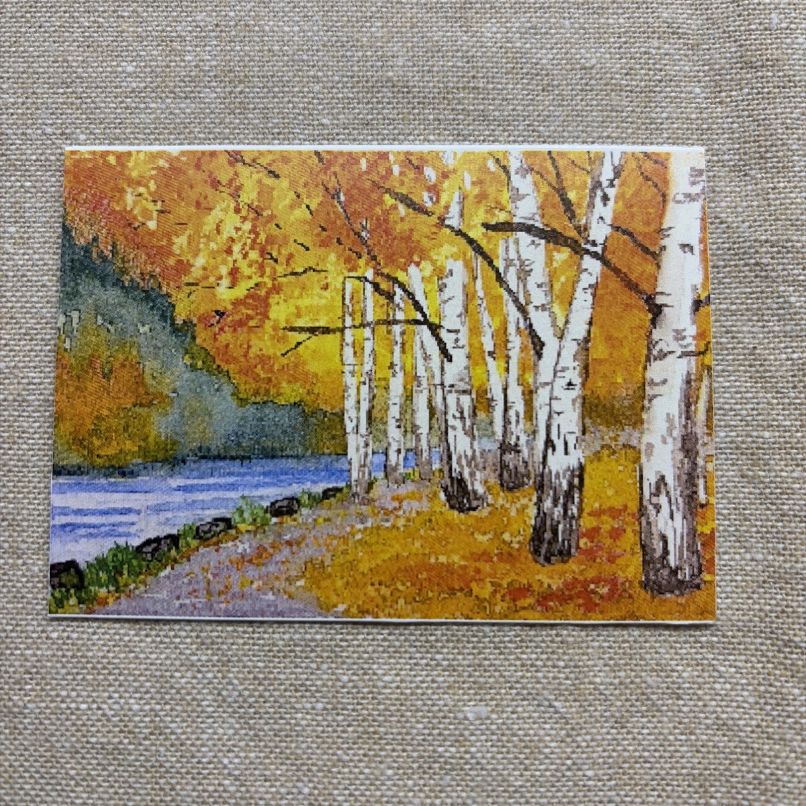 ACEO Print by AmberInWatercolor Cute Fall, Birch Trees, Landscape Lake Water