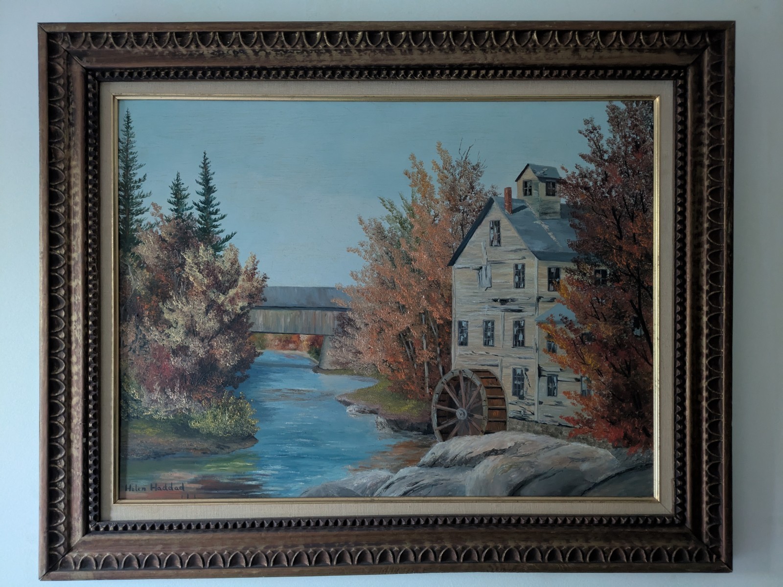 bucolic Oil Painting HELEN HADDAD (1941-20) 30″ water wheel, covered bridge