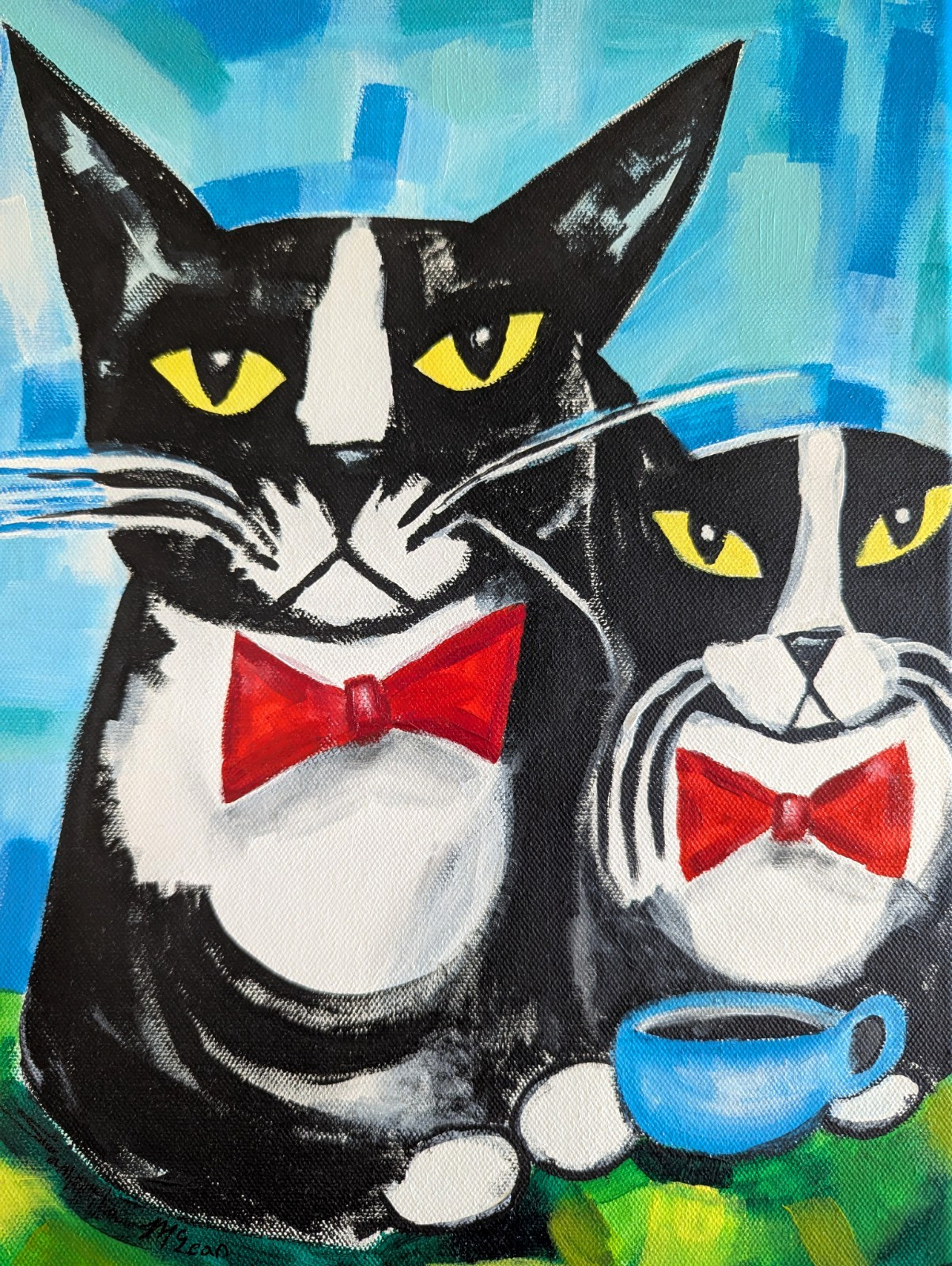 Cat Painting Original Collectible Modern Tuxedo Coffee Folk Art Samantha McLean