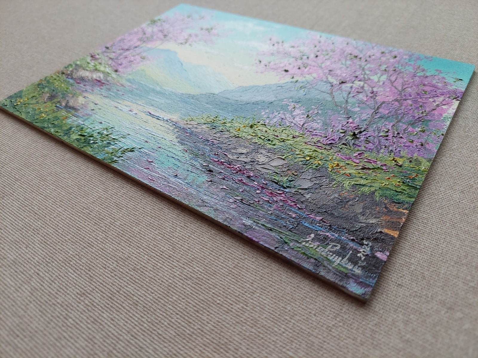 Spring Sakura Mountain Landscape Original Oil Painting. Pink Cherry Tree Art