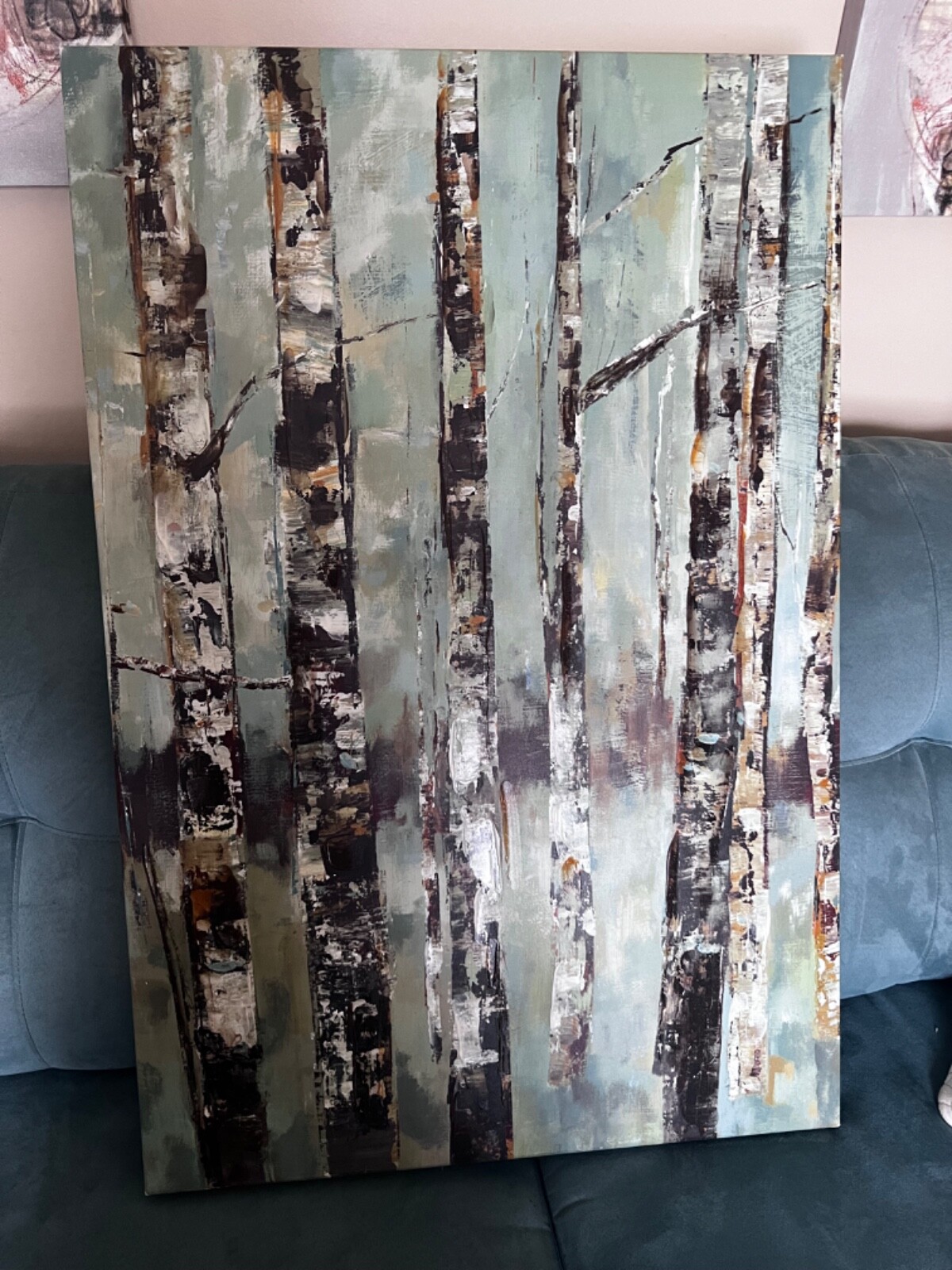 Beautiful, mellow white and black wood painting with a hint of teal green