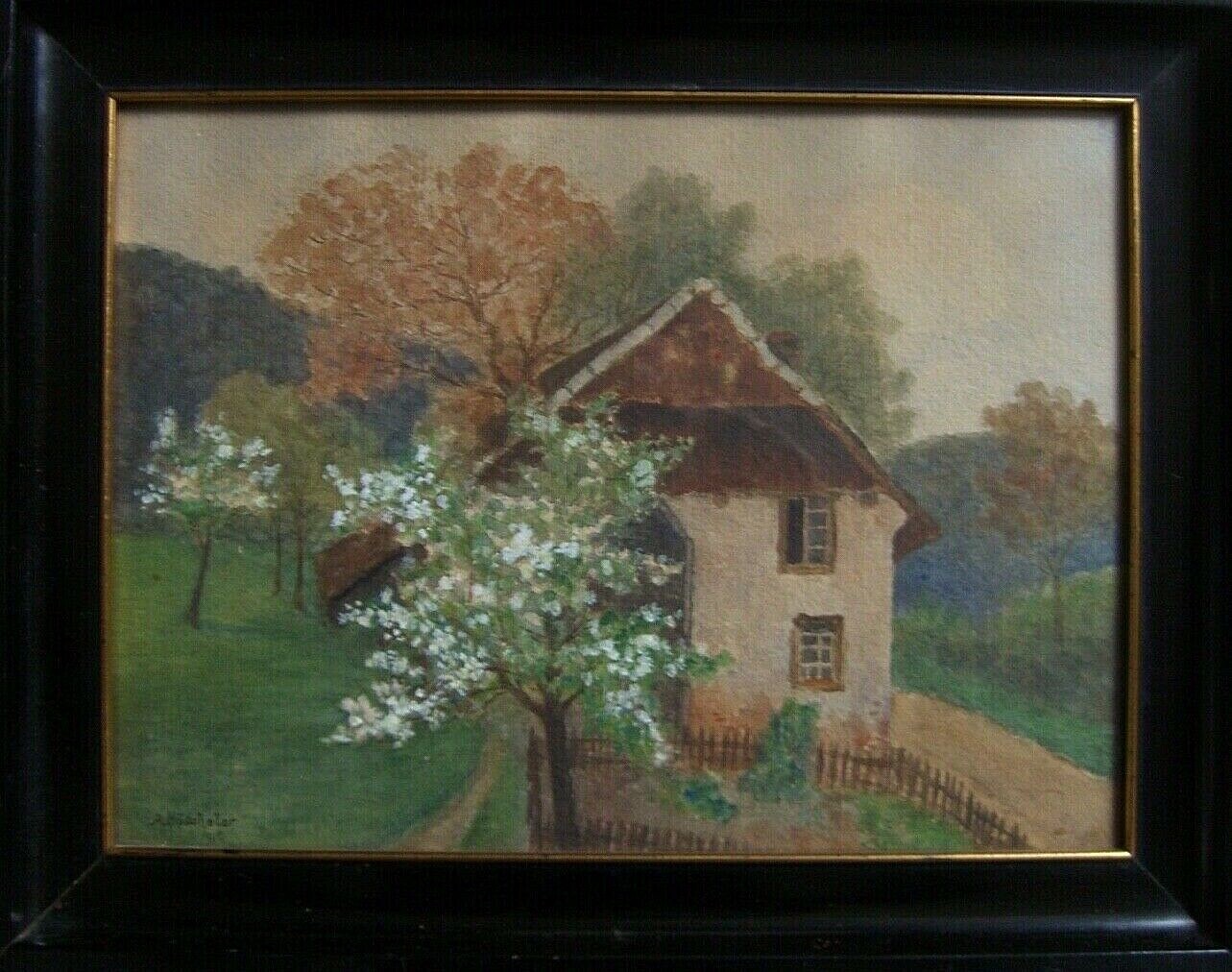 Watercolor Farmhouse in Spring Landscape Blooming Cherry Tree Picket Fence