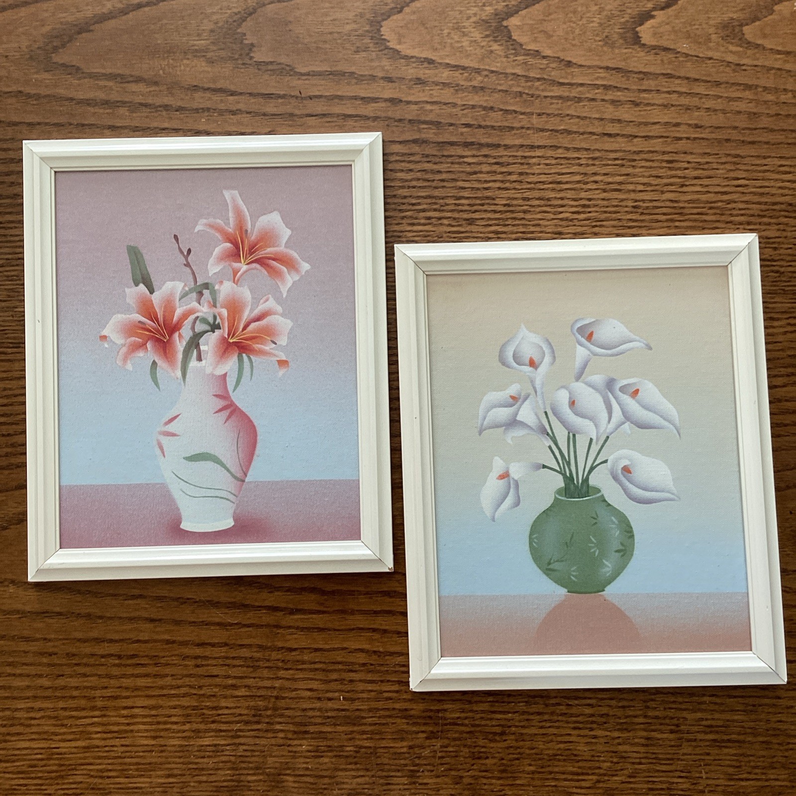 2 Vintage Framed Art Floral Still Life Painting Tiger & Peace Lily Set of 2