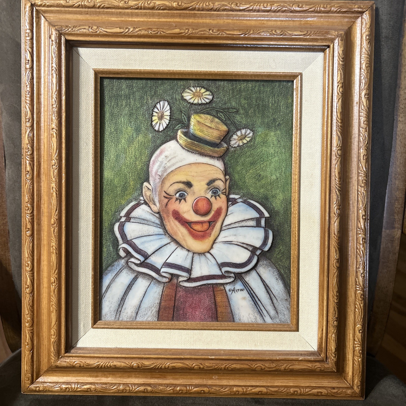 Artini Etched Happy Clown Art Hat Flowers Twin Etched Signed 4D w Framed Vintage