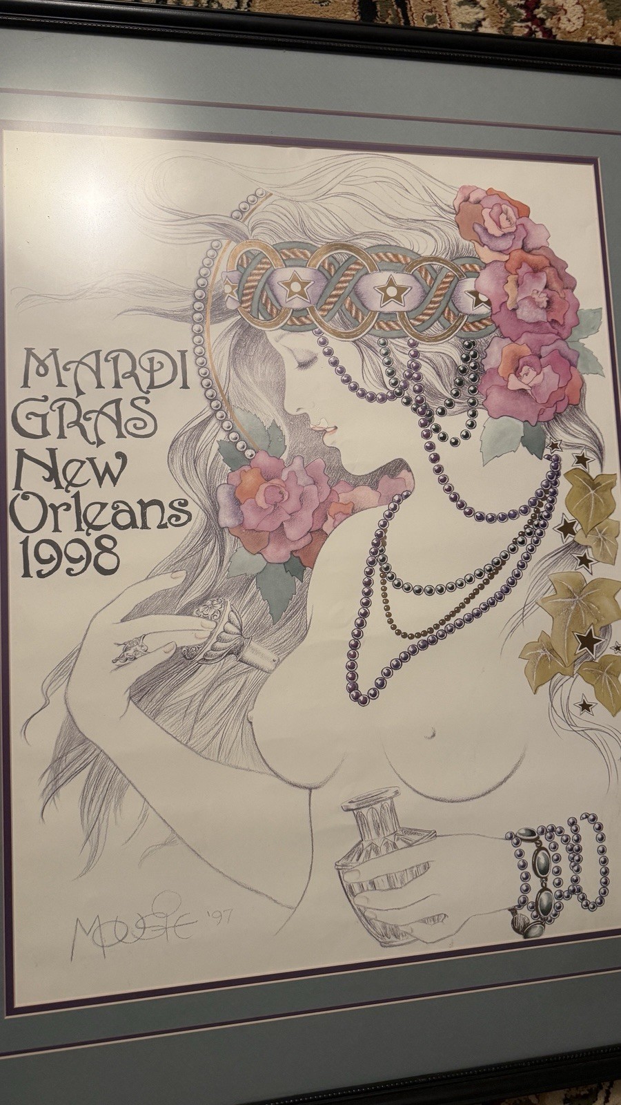 FRAMED MATTED MOUSIE ART NOUVEAU STYLE MARDI GRAS NEW ORLEANS 1998 ART PRINT