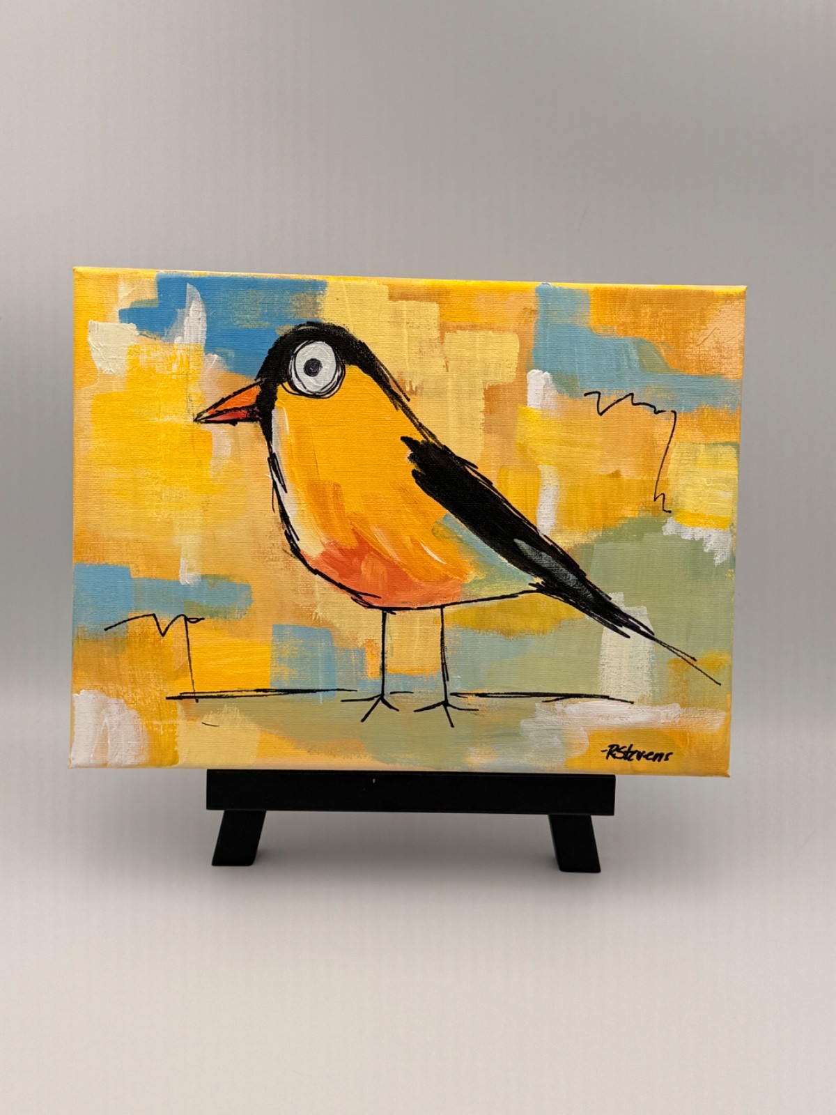 R Stevens 9×12 Original Abstract Bird Painting Colorful Modern