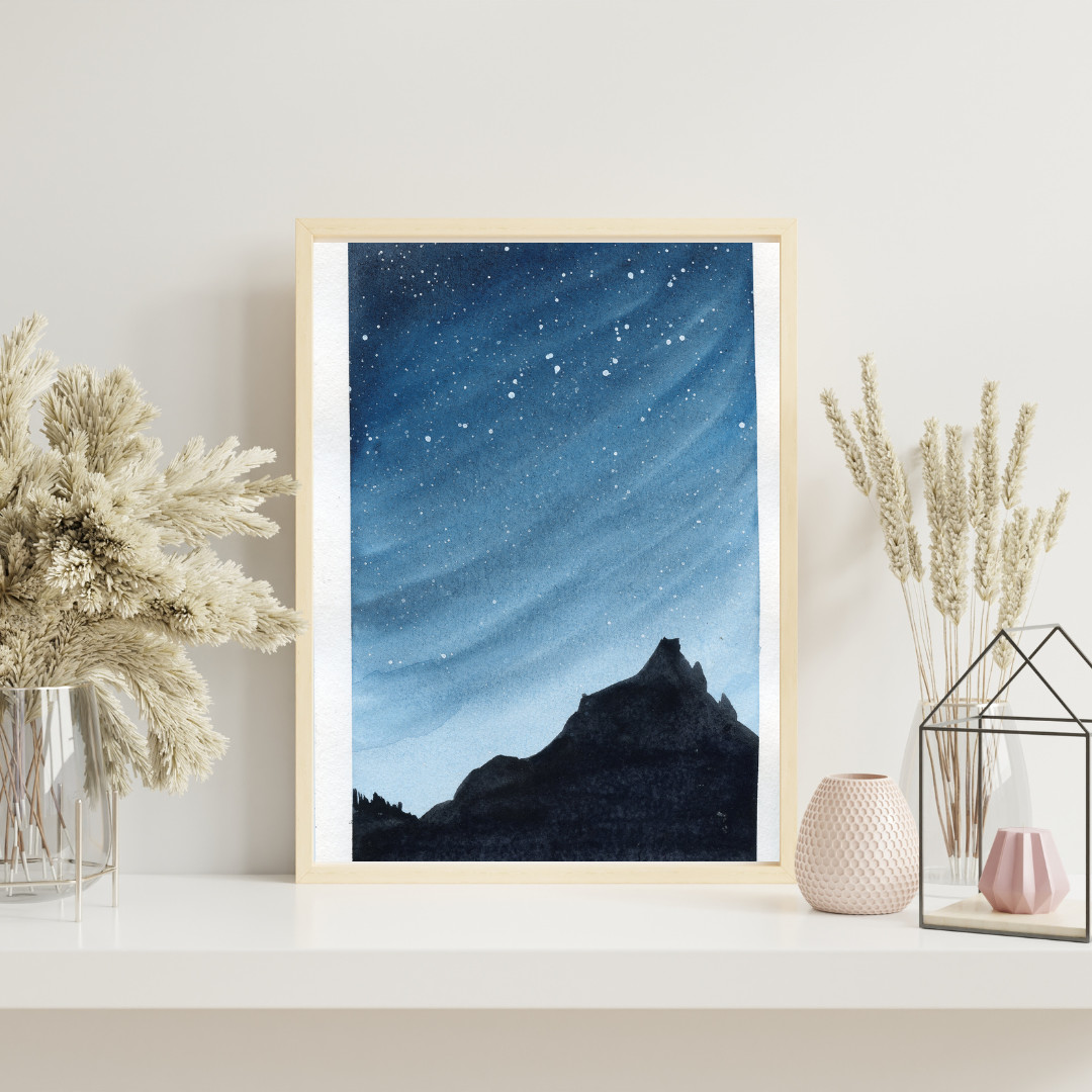Night Sky Stars Mountain in Blue OOAK Original Watercolor Painting 6×9 inches