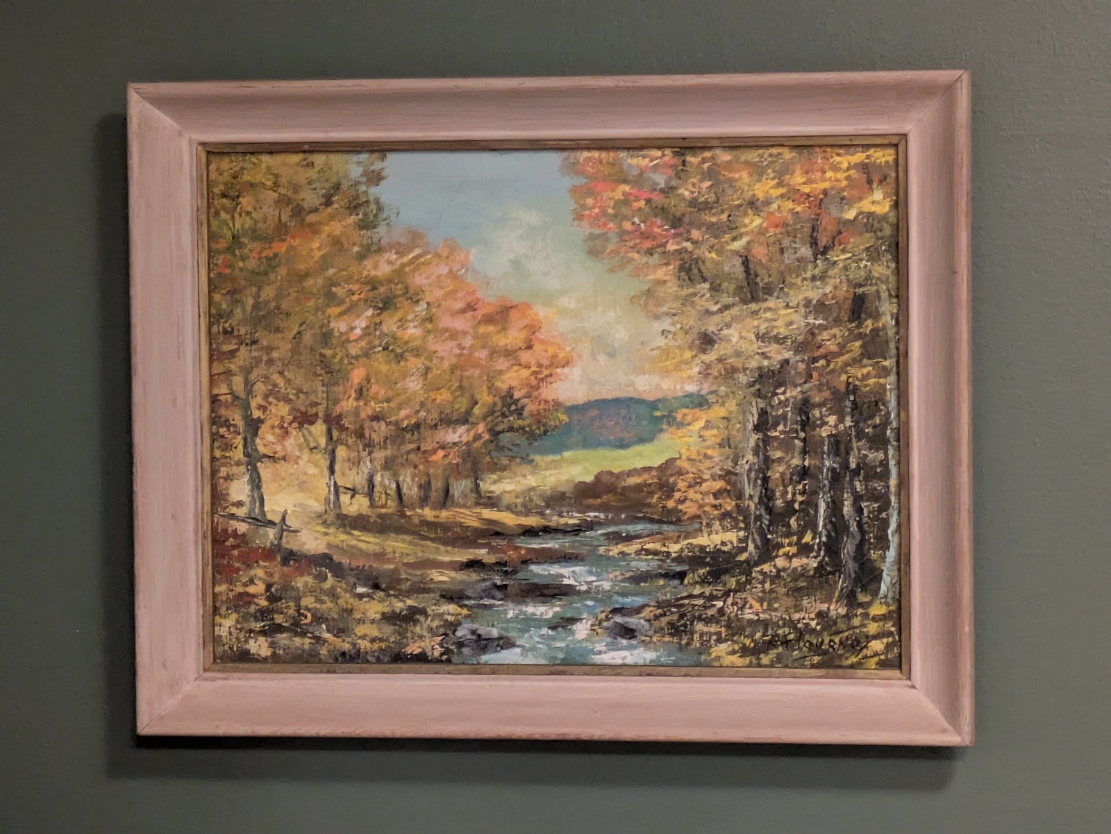 Vintage Framed Landscape Oil Painting Autumn Tree Stream Rustic Wall Art 15 x 19