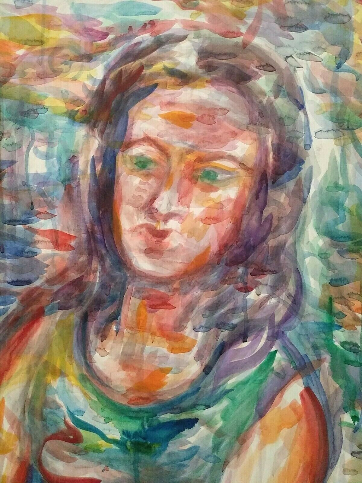 LESTER SCHULTZ LISTED AMERICAN BRIGHT EXPRESSIONIST WOMAN’S PORTRAIT ORIG W/C