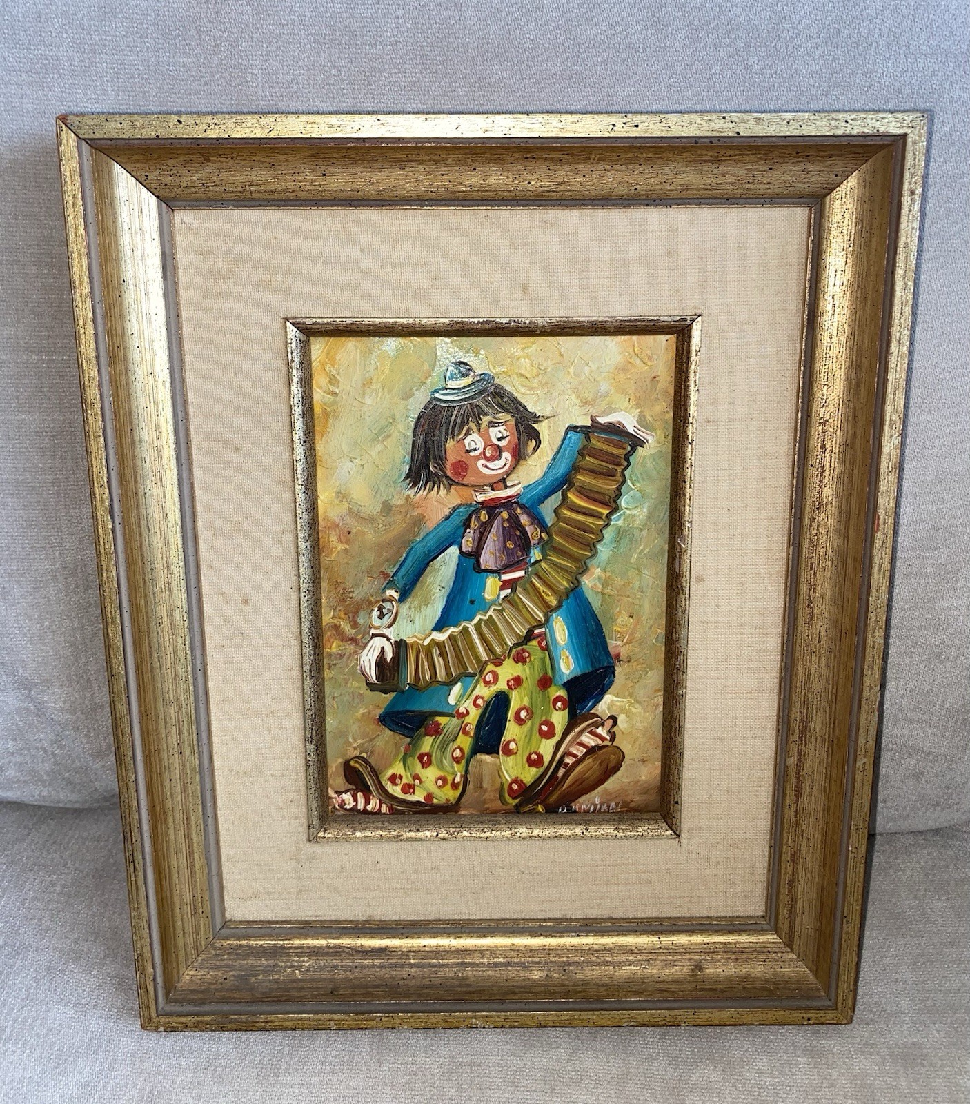*Adorable* Vintage Happy Clown Playing Accordion Original Framed Painting
