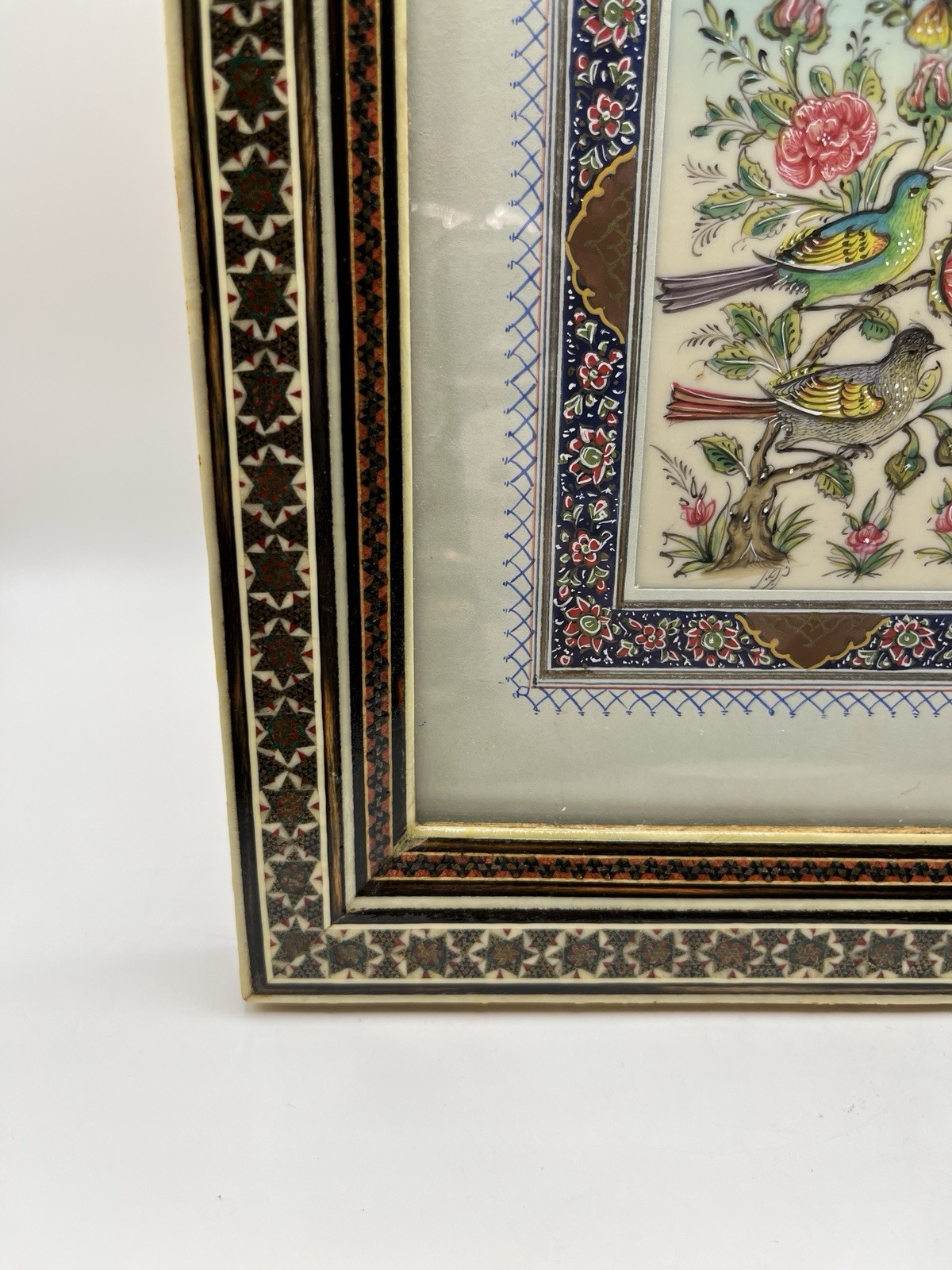 Signed Persian Miniature Art 7×9 Camel Bone Inlaid Vintage Khatam Mosaic Frame