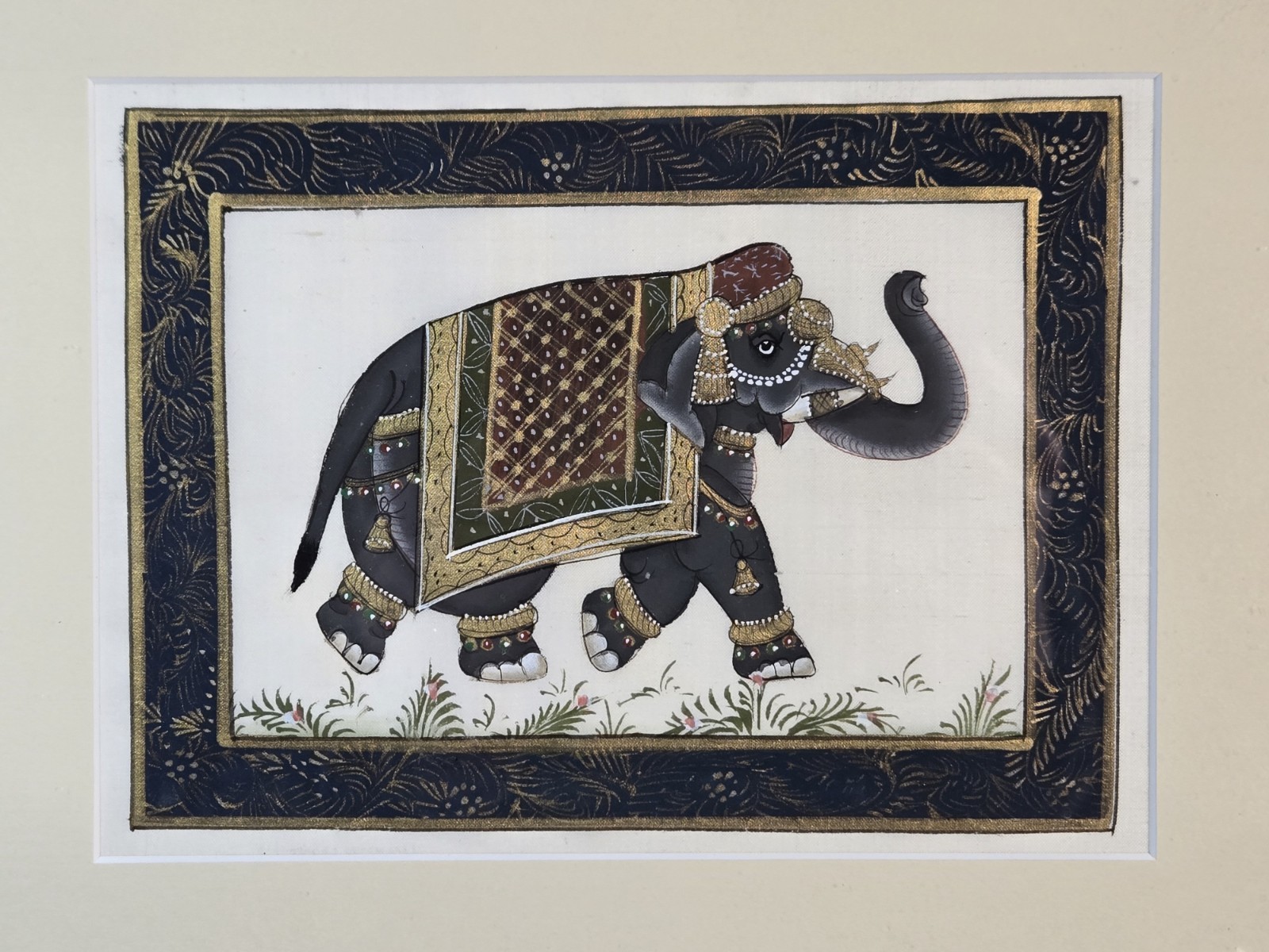 Vintage India Elephant Trunk Up Original Silk Painting on Fabric Hand Painted