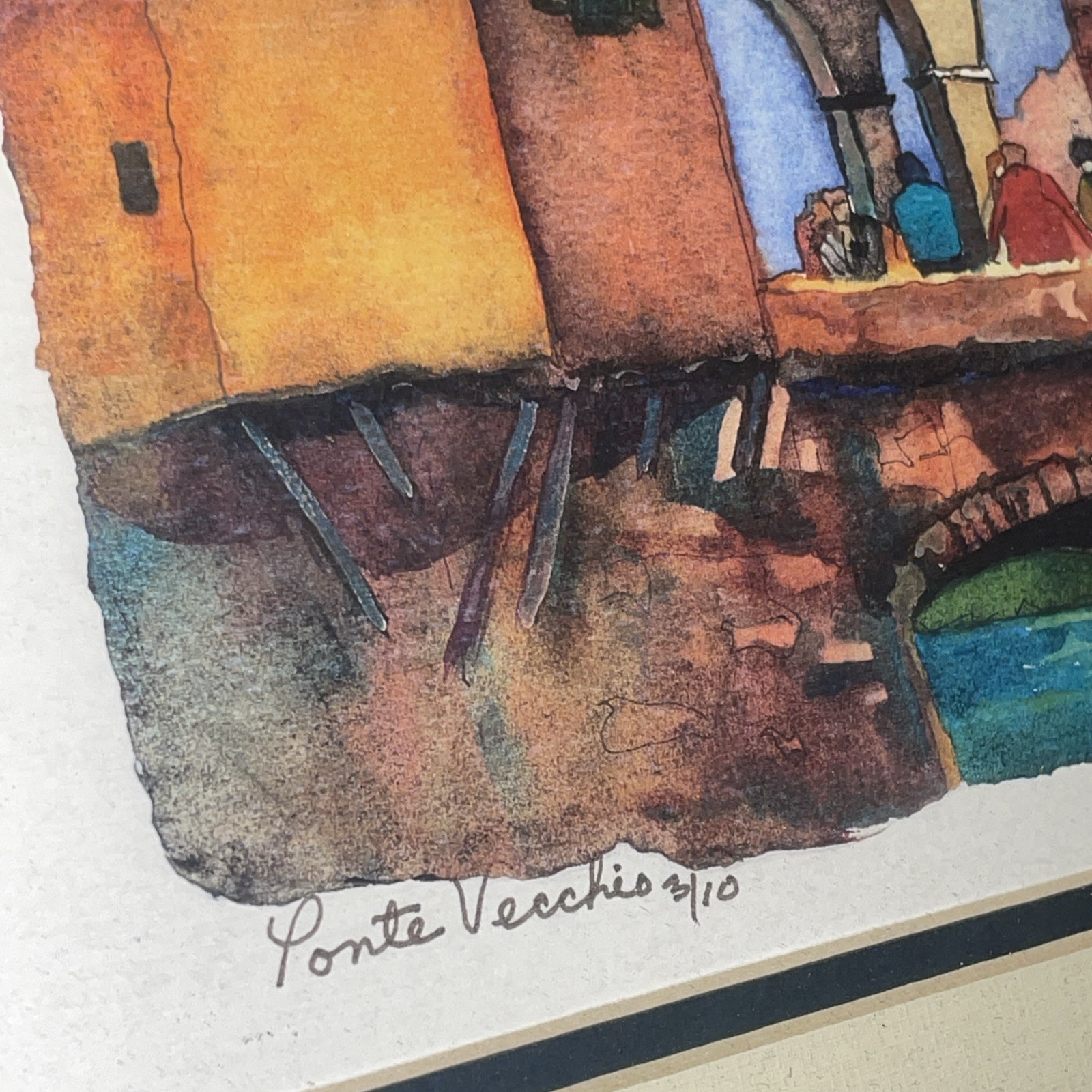 Signed Framed Limited Edition Water Color Painting Pointe Vecchio Bridge, Italy