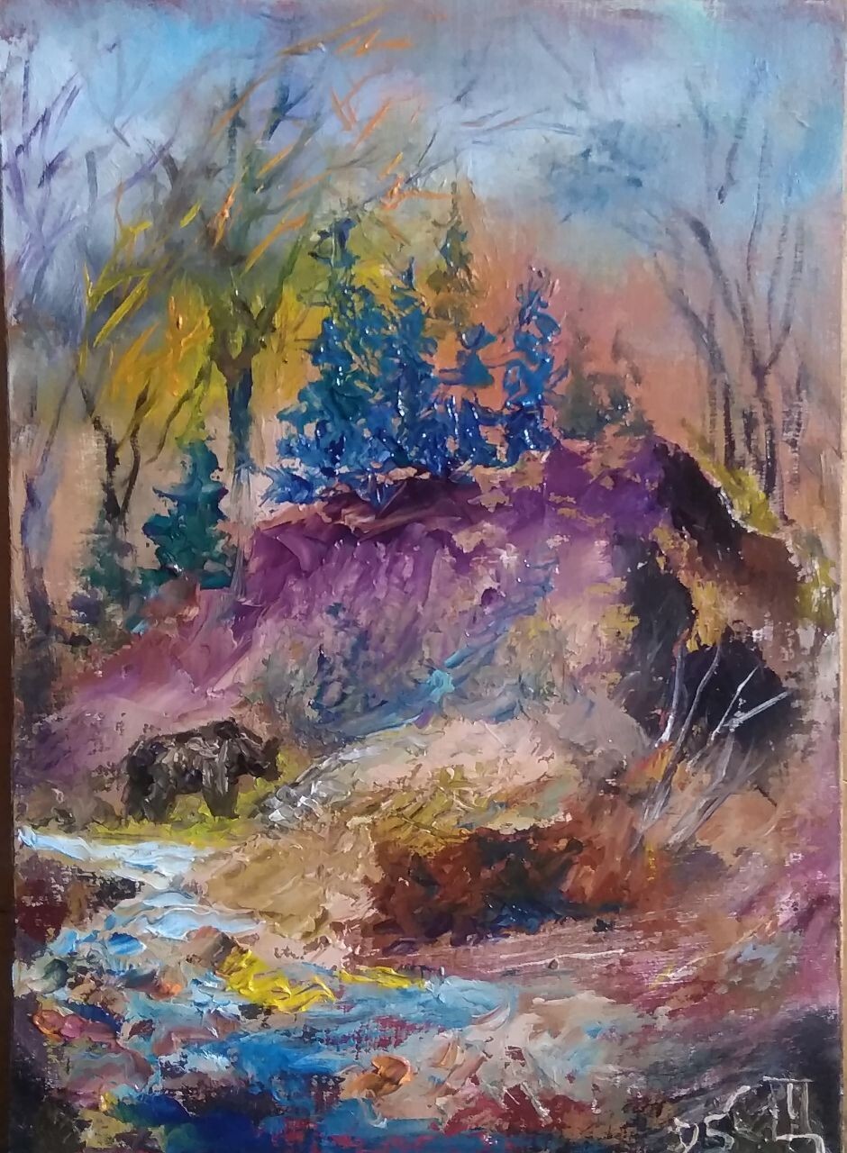 Painting «Spring in the forest». Oil on cardboard. Palette knife. 5х7inc. Handma