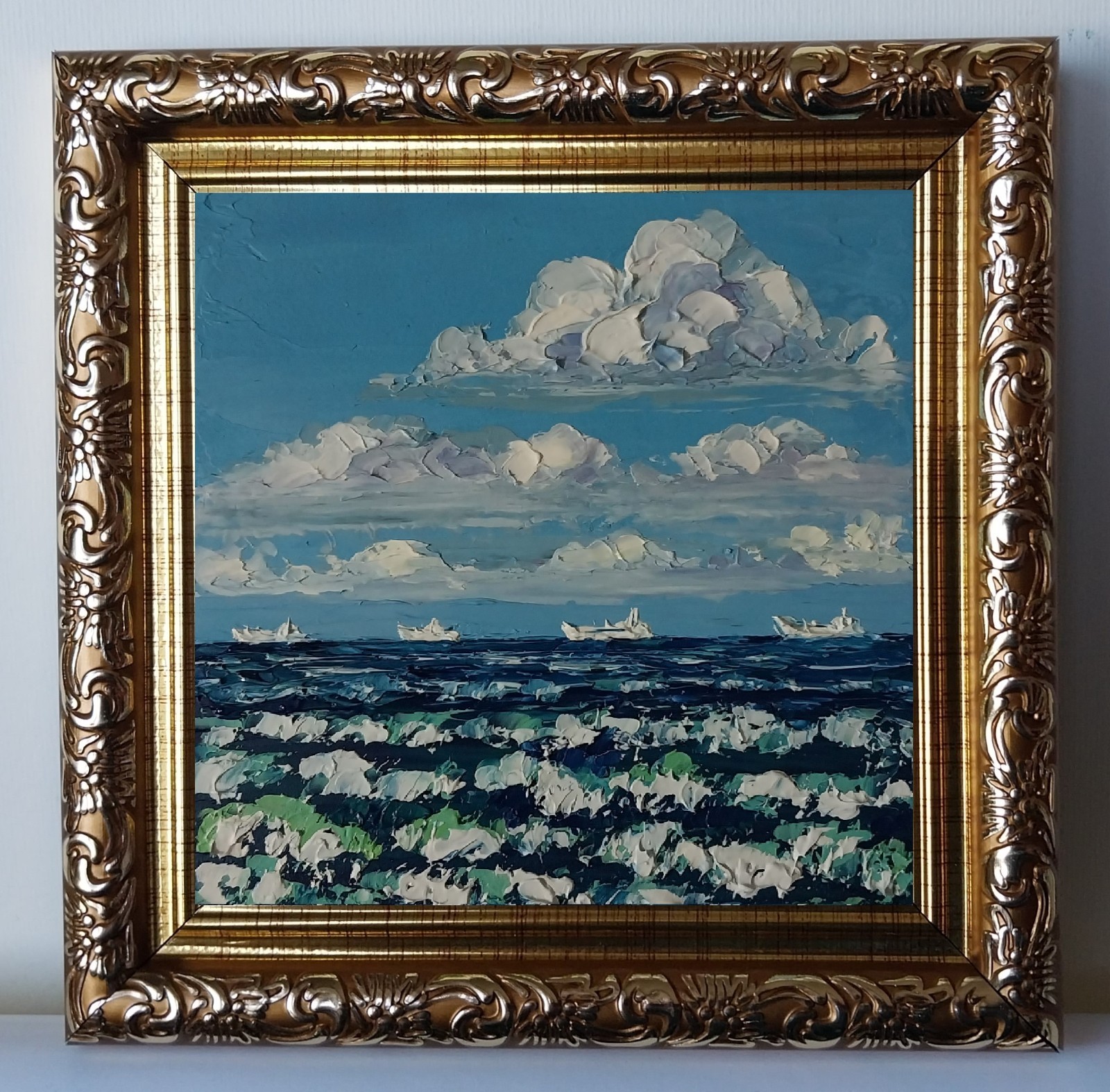 Framed Small Seascape Cloudy Sky Sea Waves Art 4×4 Impasto Oil Painting Original