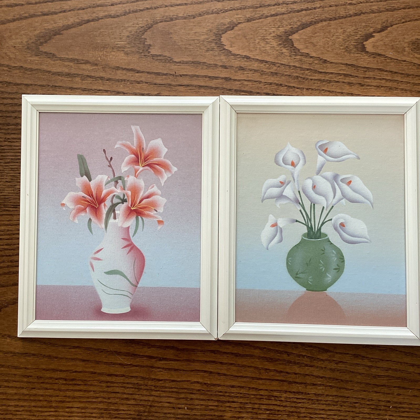 2 Vintage Framed Art Floral Still Life Painting Tiger & Peace Lily Set of 2