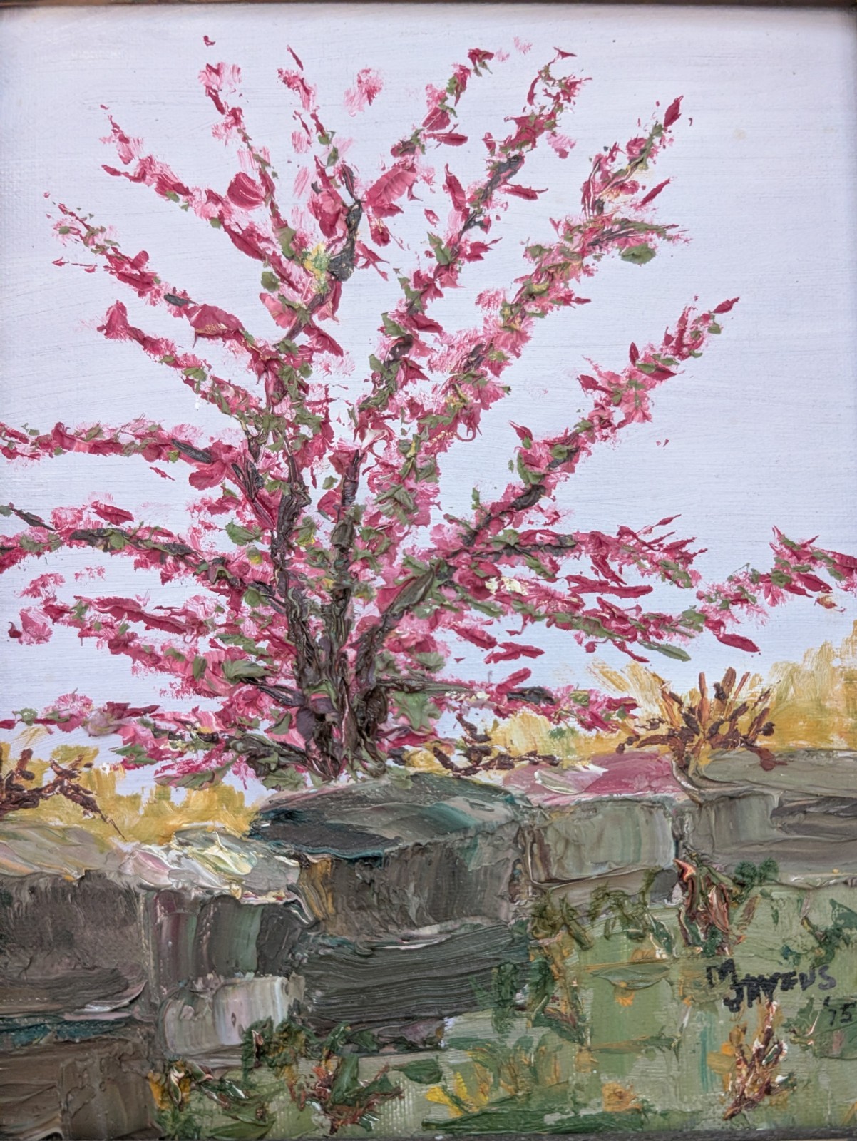 Impasto tree oil painting landscape pink blossoms stone wall 70s art signed