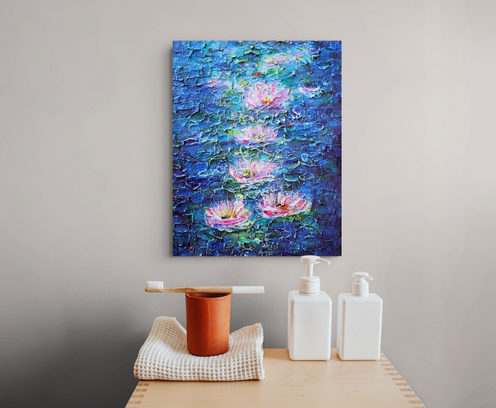 Water Lily Painting 11×14 Original Textured Blue Pond Canvas Art