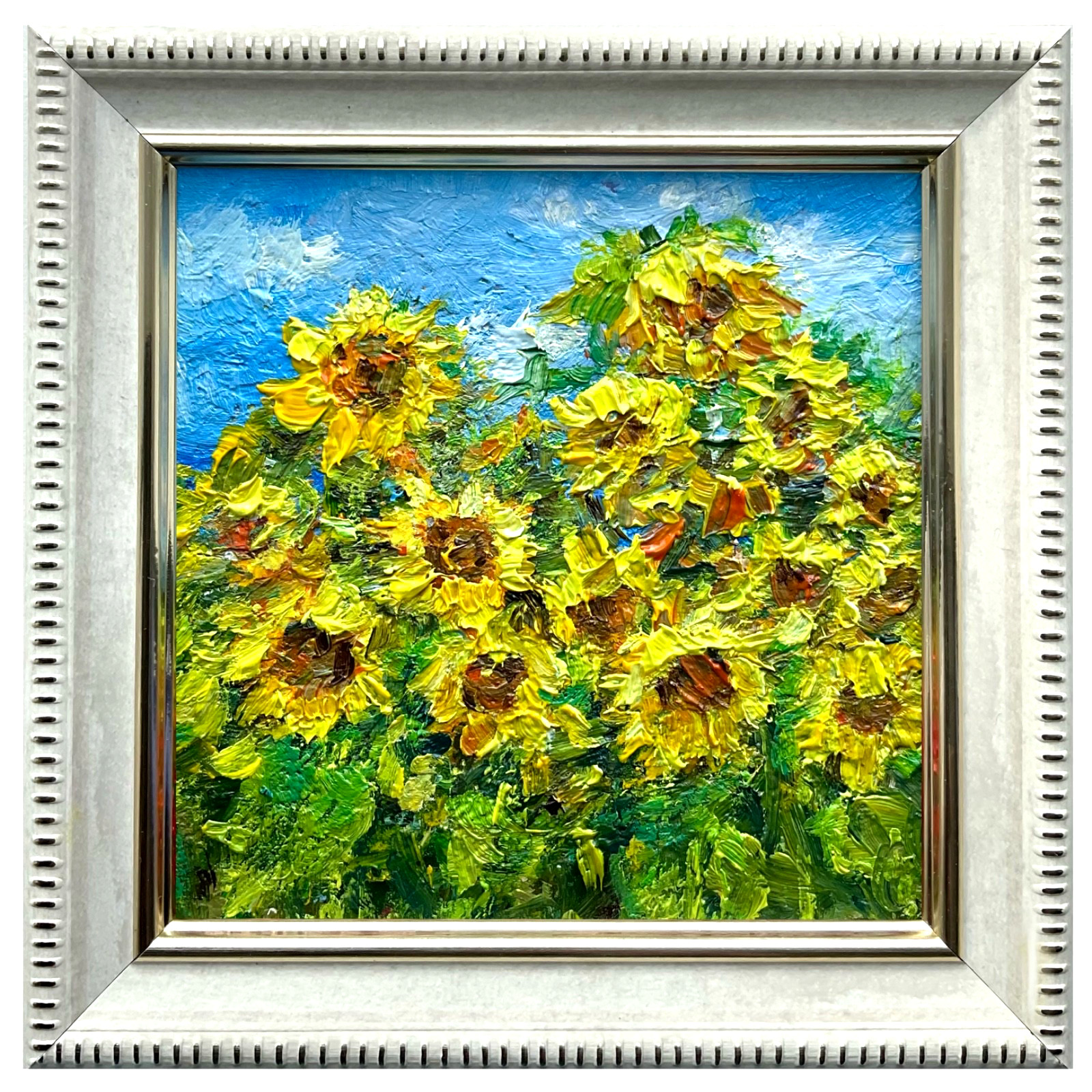 Sunflower Original Artwork Oil Painting Field Impasto Small Wall Art 4x4inSigned