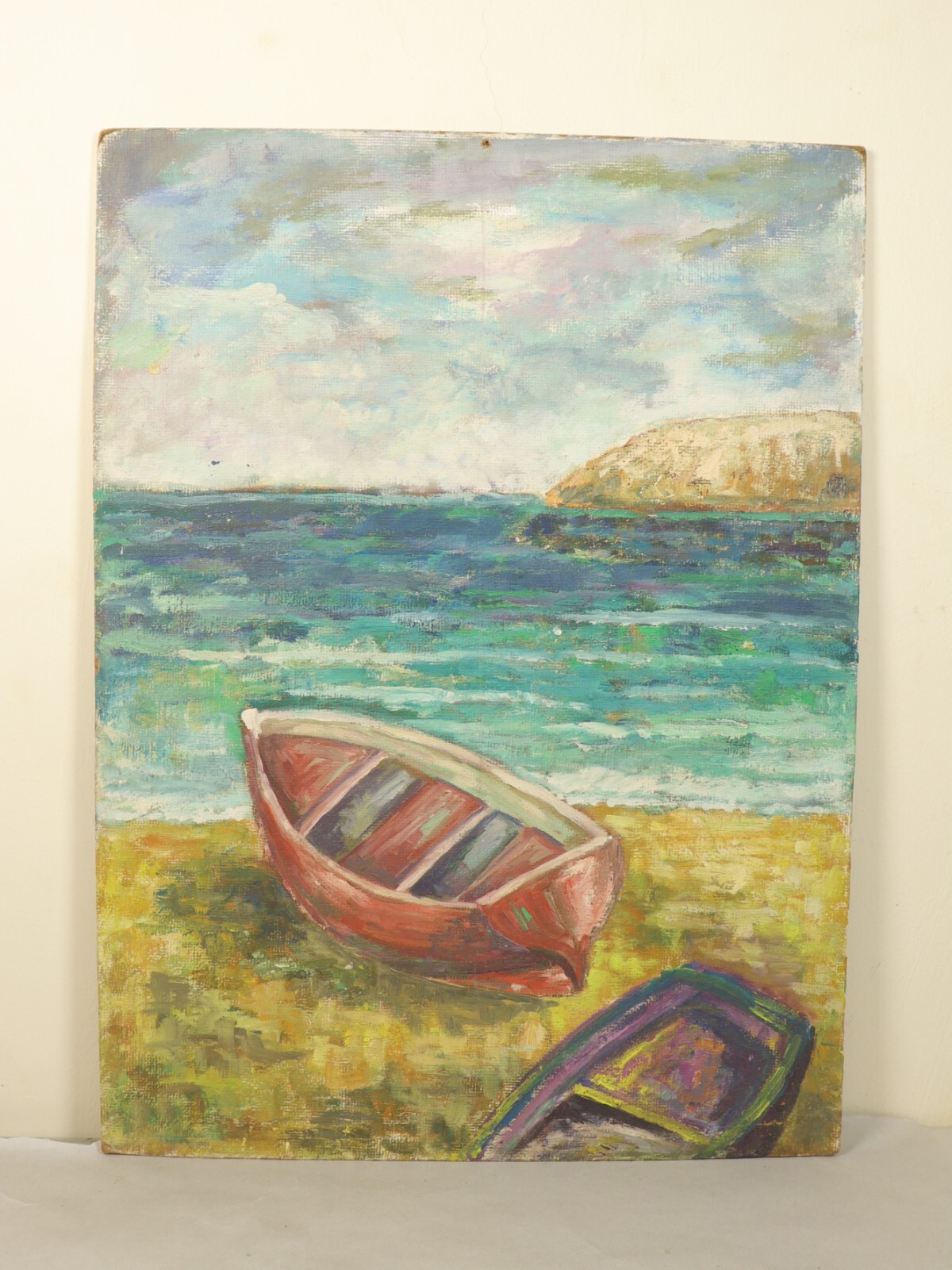 Seaside Tranquility Rare Oil Painting on Canvas Boats On Shore Coastal Landscape