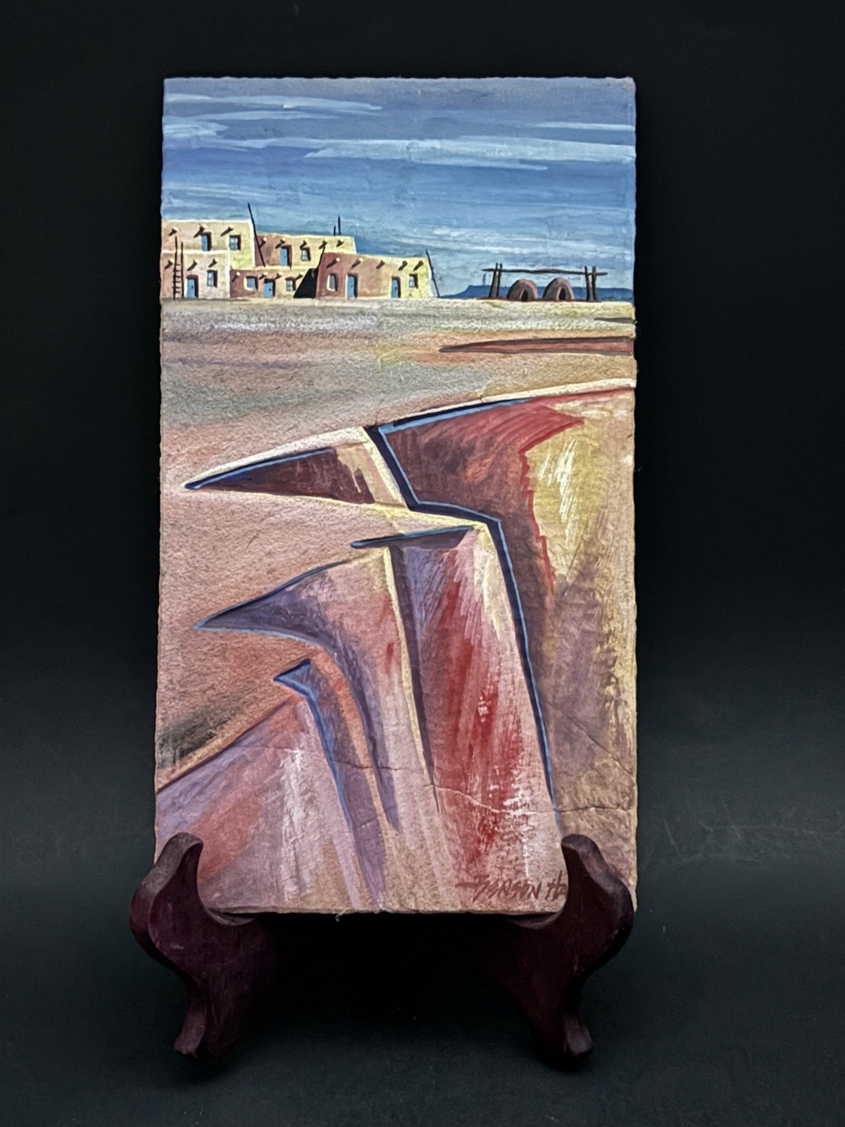 Navajo Benson Halwood Painting On Flagstone Ancient Pueblo Homes On Canyon Top