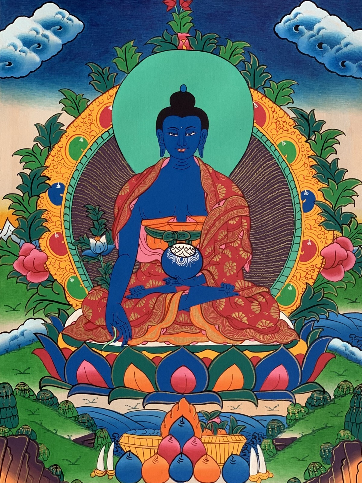 ORIGINAL HAND-PAINTED MEDICINE BUDDHA/ BHAISAJYAGURU TIBETAN THANGKA PAINTING