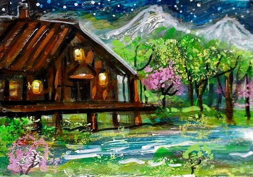 ACEO Original PAINTING Spring Cabin Mountains Lake Tree Nature Landscape ATC ART