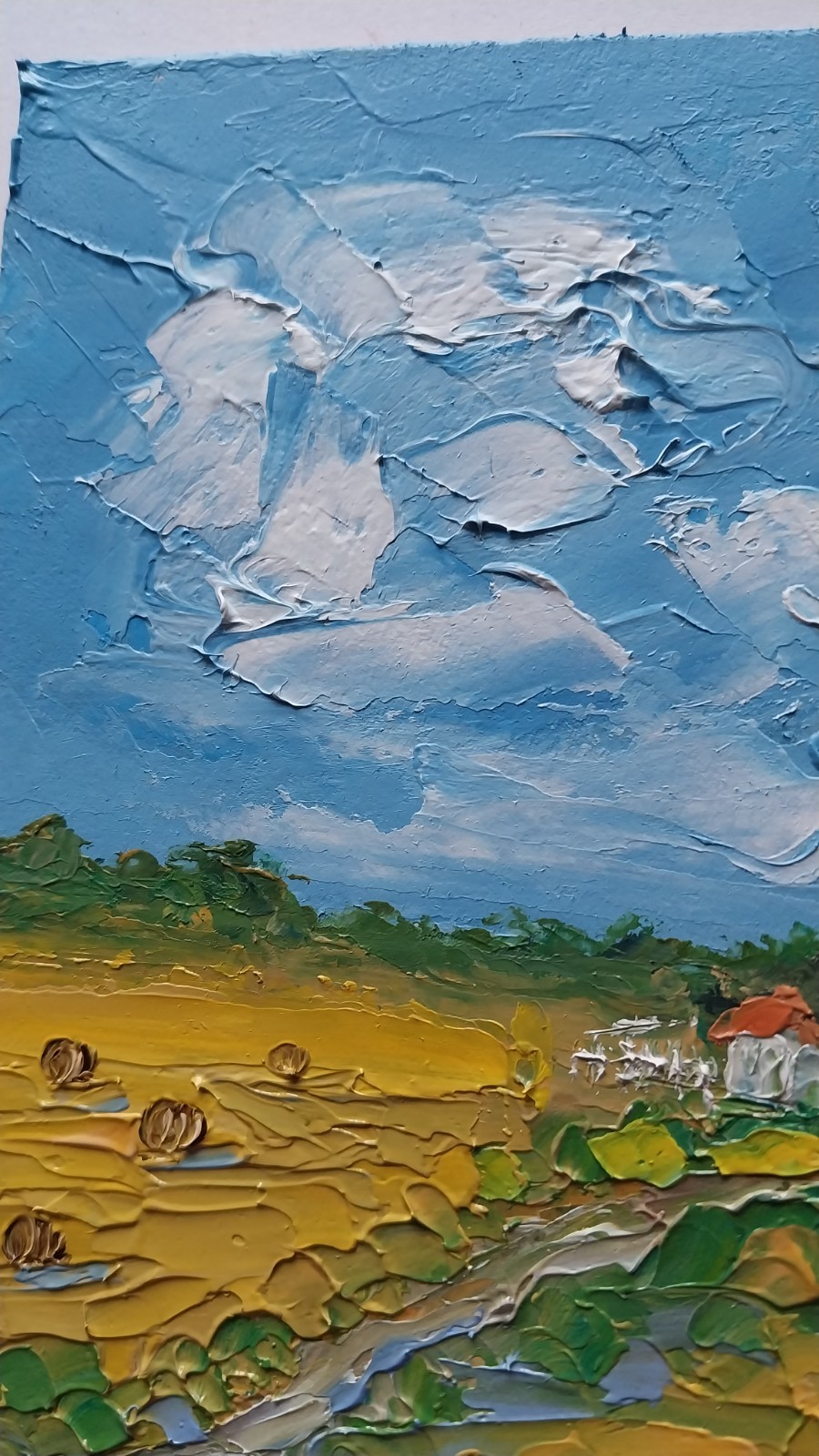 Framed Countryside Farmhouse Landscape Hay Bales Field 4×6 Original Oil Painting