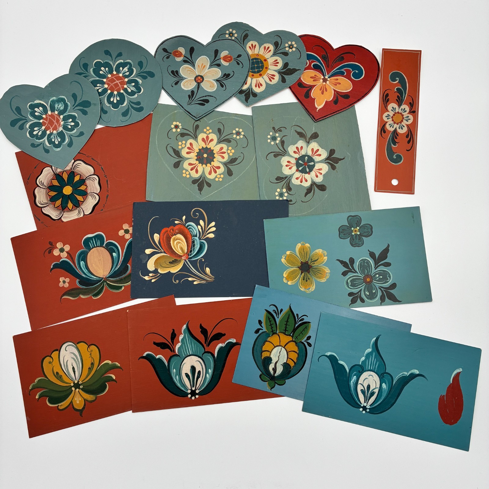 Vtg Hand Painted Rosemaling Samples Lot of 16 on Scrap Paper Cardboard Folk Art