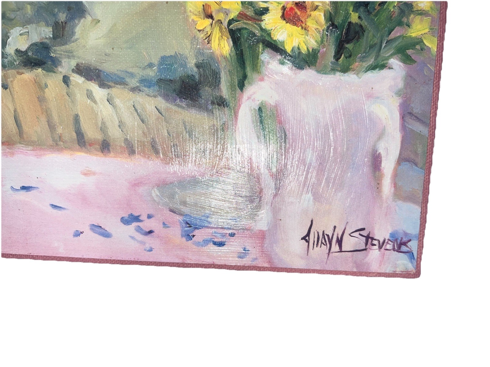 Pink floral still life painting Paper On Canvas Wood Frame 14”x11” Ready To Hang