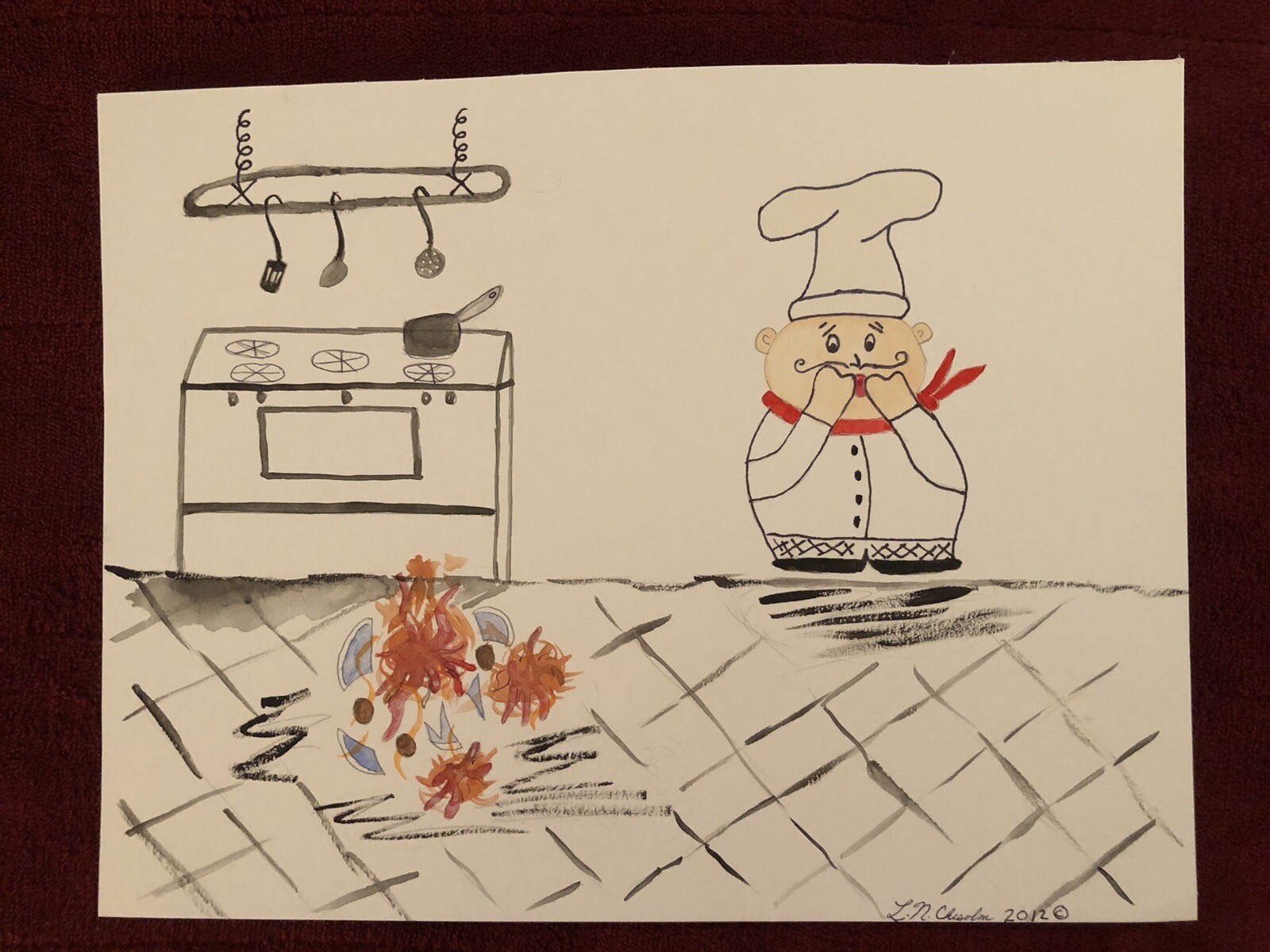 Fat Chef Watercolor Print-Spaghetti Hit the Floor – 8 1/2″ x 11″ Print